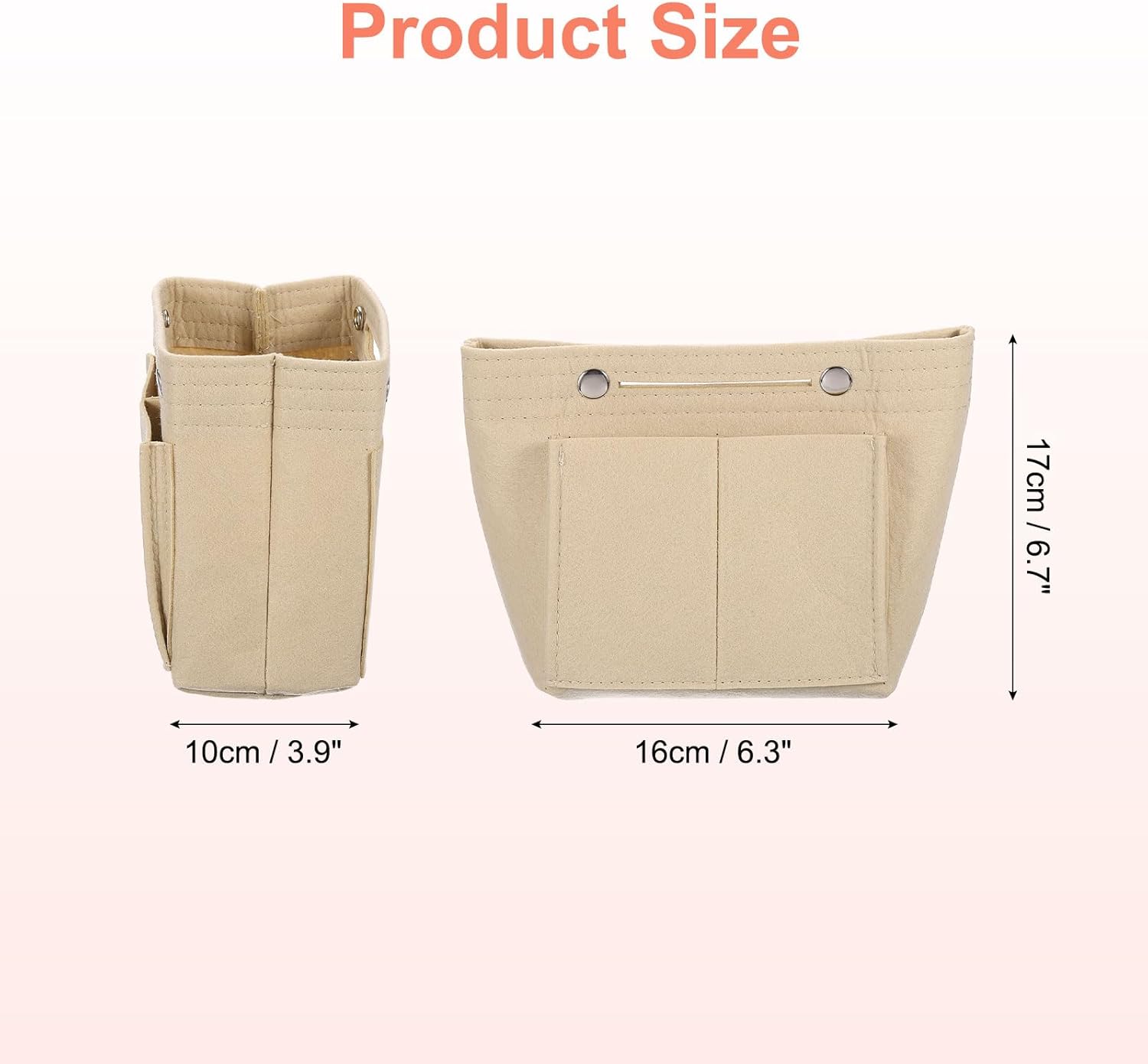 Purse Organizer Insert, Portable Felt Organizer Bags with Snap Multiple Compartments Purse Liner for Domed Satchel, Tote Bag, Handbag Shaper 7" x 4" x 6.3", Beige
