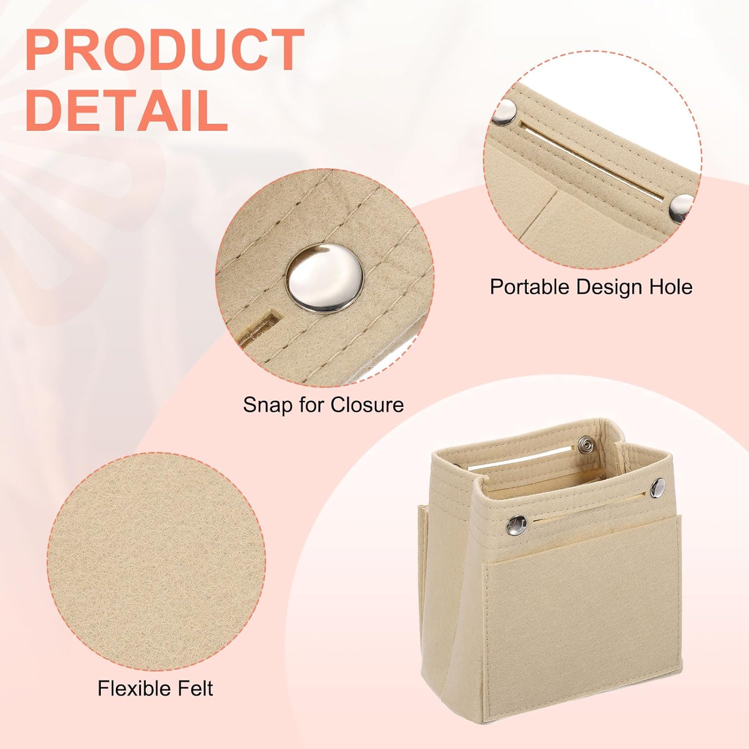 Purse Organizer Insert, Portable Felt Organizer Bags with Snap Multiple Compartments Purse Liner for Domed Satchel, Tote Bag, Handbag Shaper 7" x 4" x 6.3", Beige