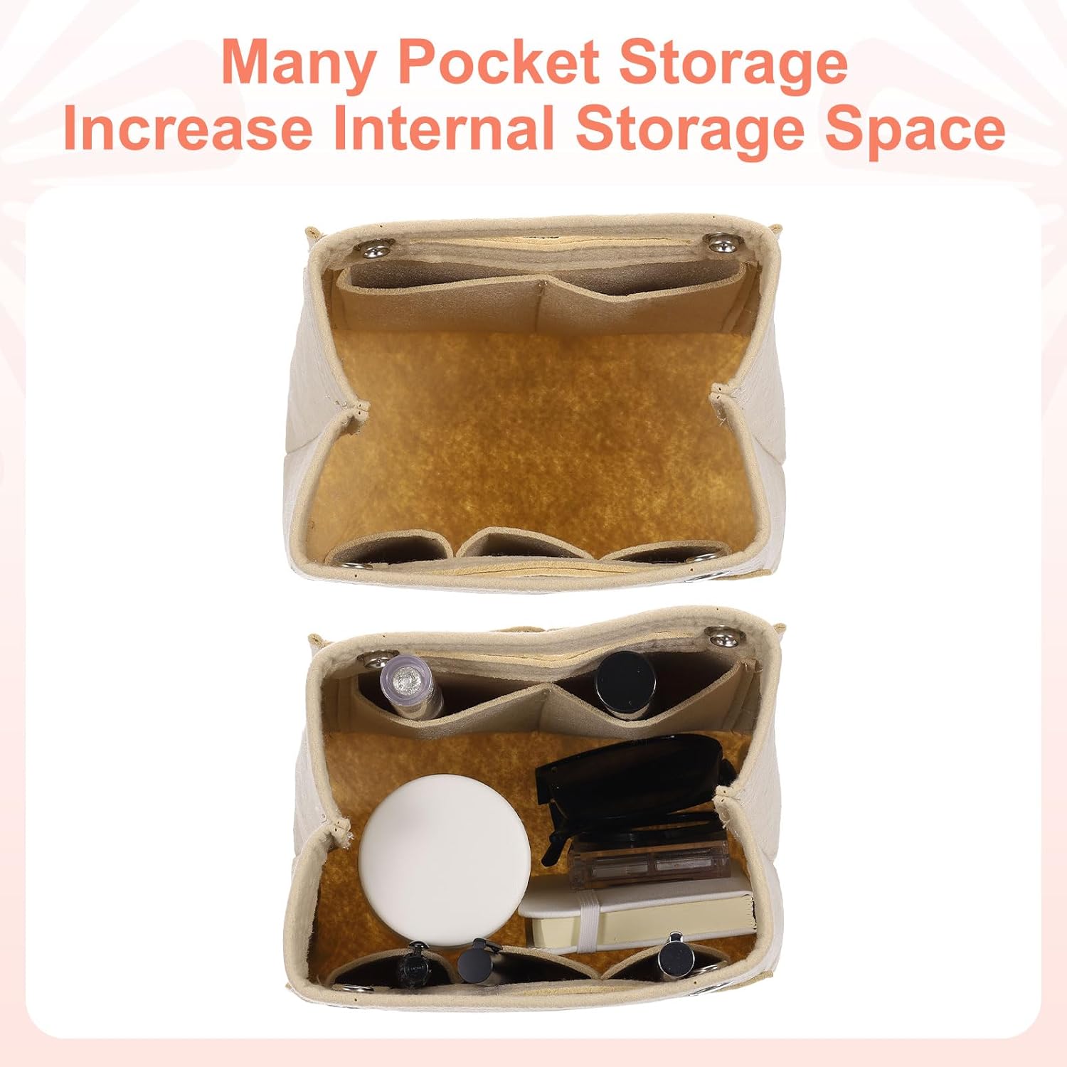 Purse Organizer Insert, Portable Felt Organizer Bags with Snap Multiple Compartments Purse Liner for Domed Satchel, Tote Bag, Handbag Shaper 7" x 4" x 6.3", Beige