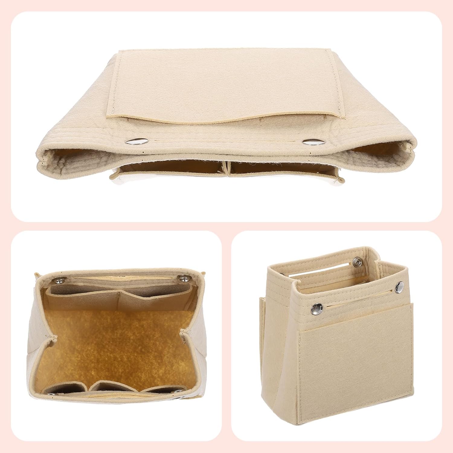 Purse Organizer Insert, Portable Felt Organizer Bags with Snap Multiple Compartments Purse Liner for Domed Satchel, Tote Bag, Handbag Shaper 7" x 4" x 6.3", Beige
