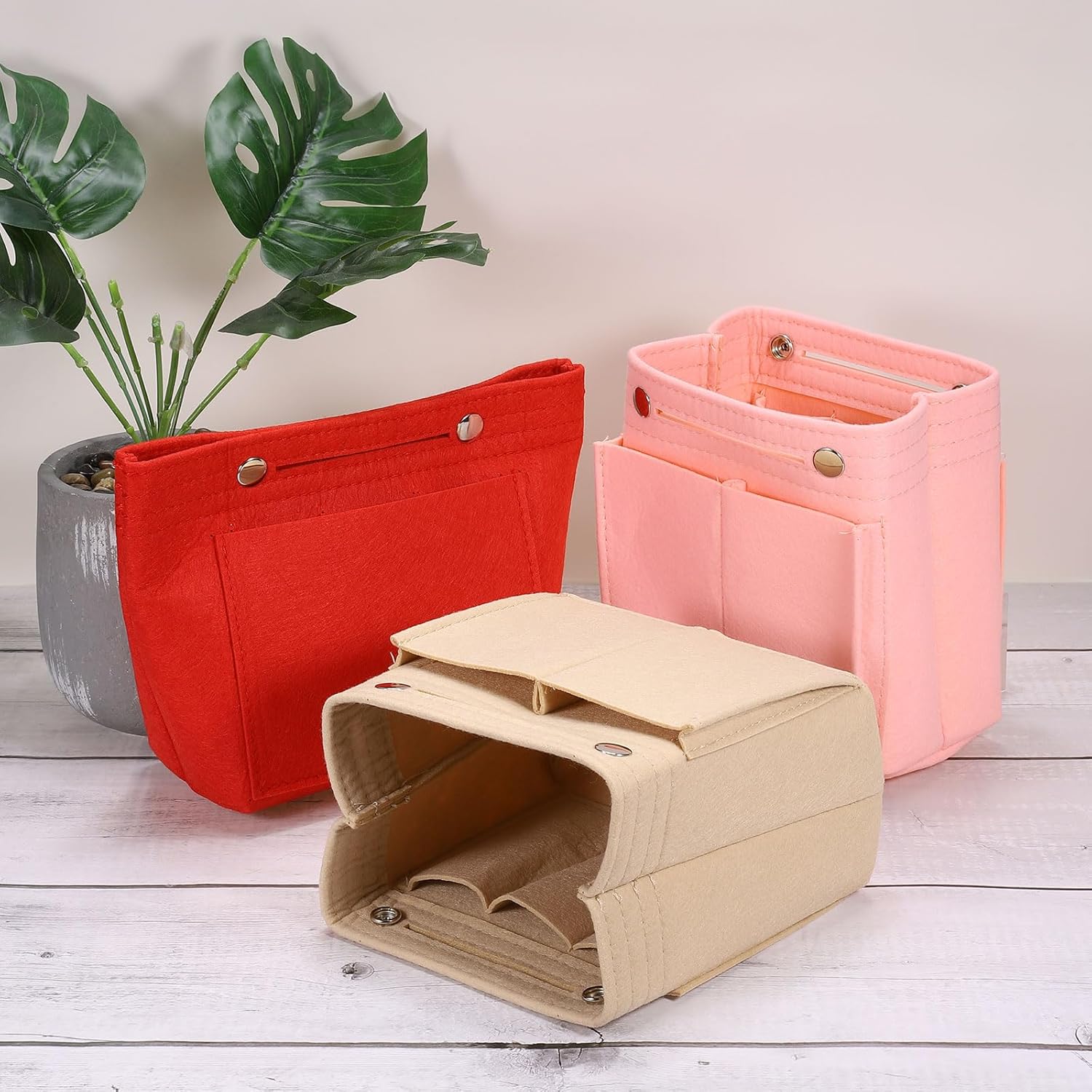 Purse Organizer Insert, Portable Felt Organizer Bags with Snap Multiple Compartments Purse Liner for Domed Satchel, Tote Bag, Handbag Shaper 7" x 4" x 6.3", Beige