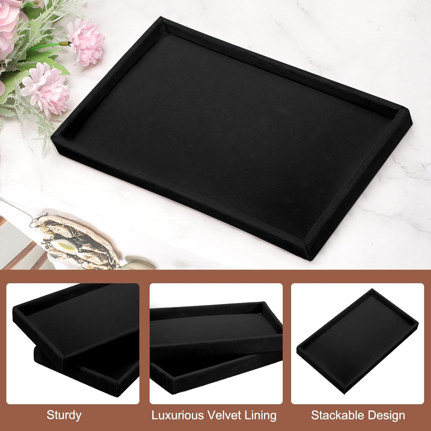 16PCS Jewelry Organizer Tray Stackable, Wooden Jewelry Containers Velvet Drawer Organizer Inserts Holder for Earrings Necklaces Rings Bracelet 8.5" x 5.1" x 1" Black