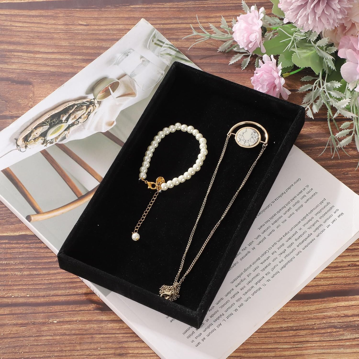 16PCS Jewelry Organizer Tray Stackable, Wooden Jewelry Containers Velvet Drawer Organizer Inserts Holder for Earrings Necklaces Rings Bracelet 8.5" x 5.1" x 1" Black