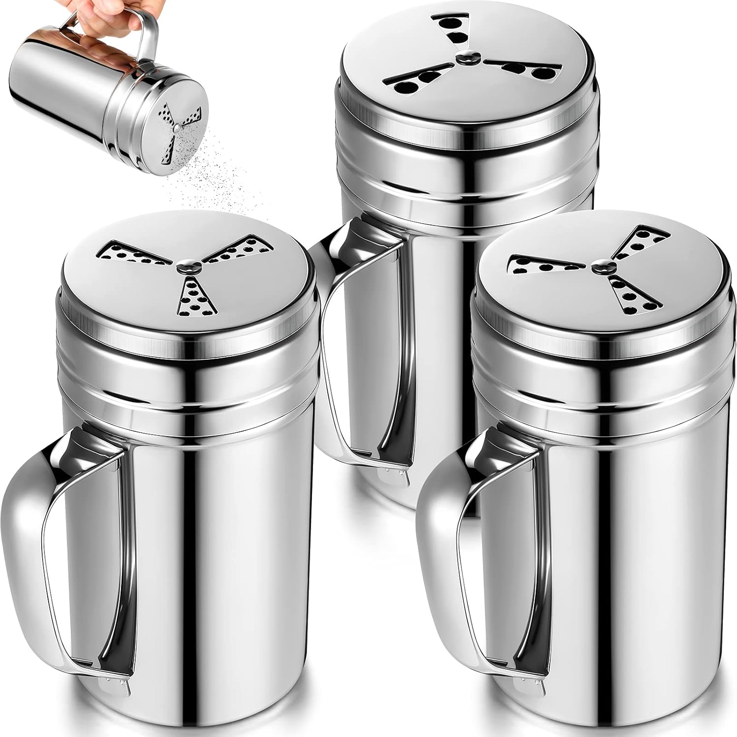 3 Pieces Seasoning Bottle with Handle Stainless Steel Spice Shaker Metal Versatile Dredge Shaker with Rotating Cover for Cooking Kitchen Gadget Fan Style Lid,Large