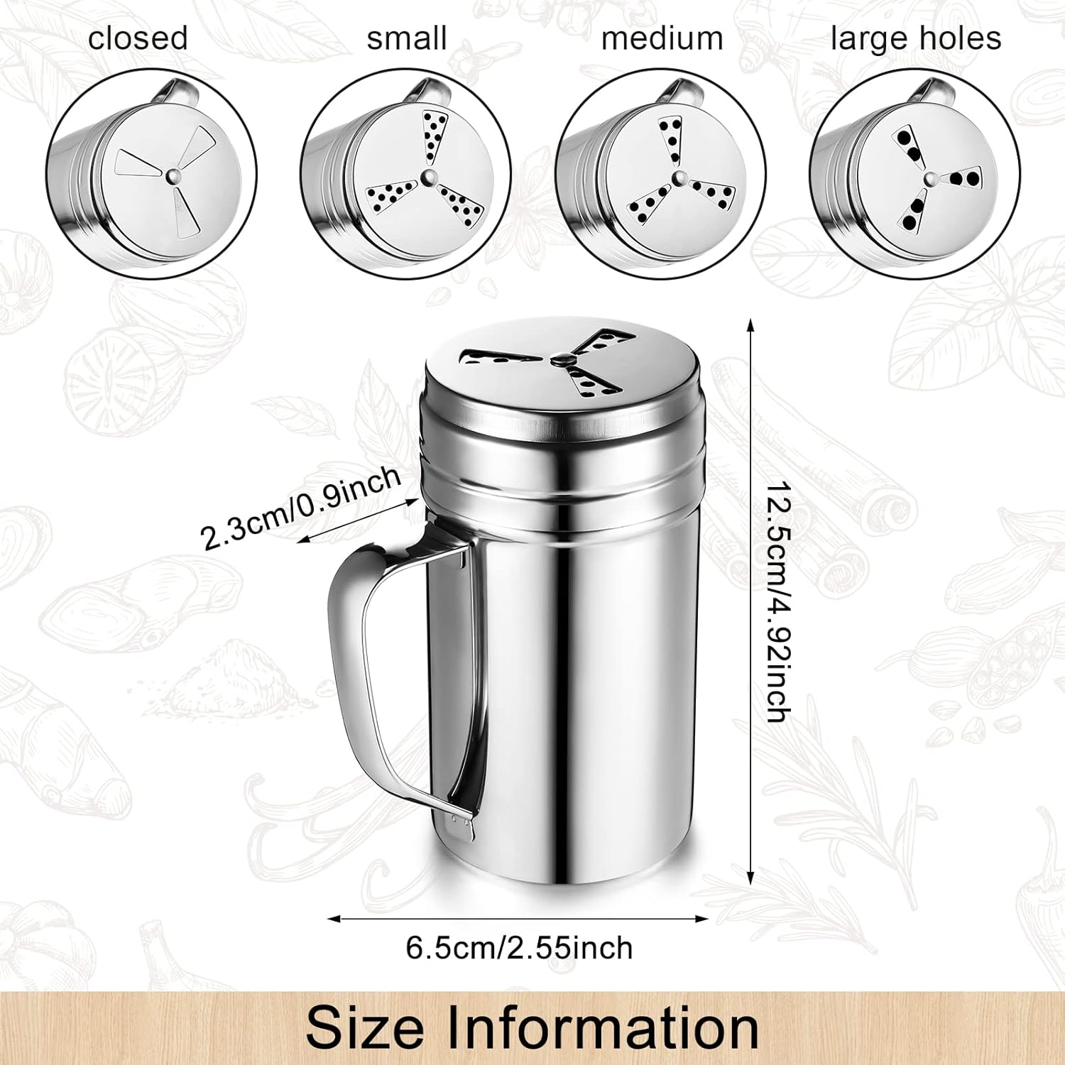 3 Pieces Seasoning Bottle with Handle Stainless Steel Spice Shaker Metal Versatile Dredge Shaker with Rotating Cover for Cooking Kitchen Gadget Fan Style Lid,Large