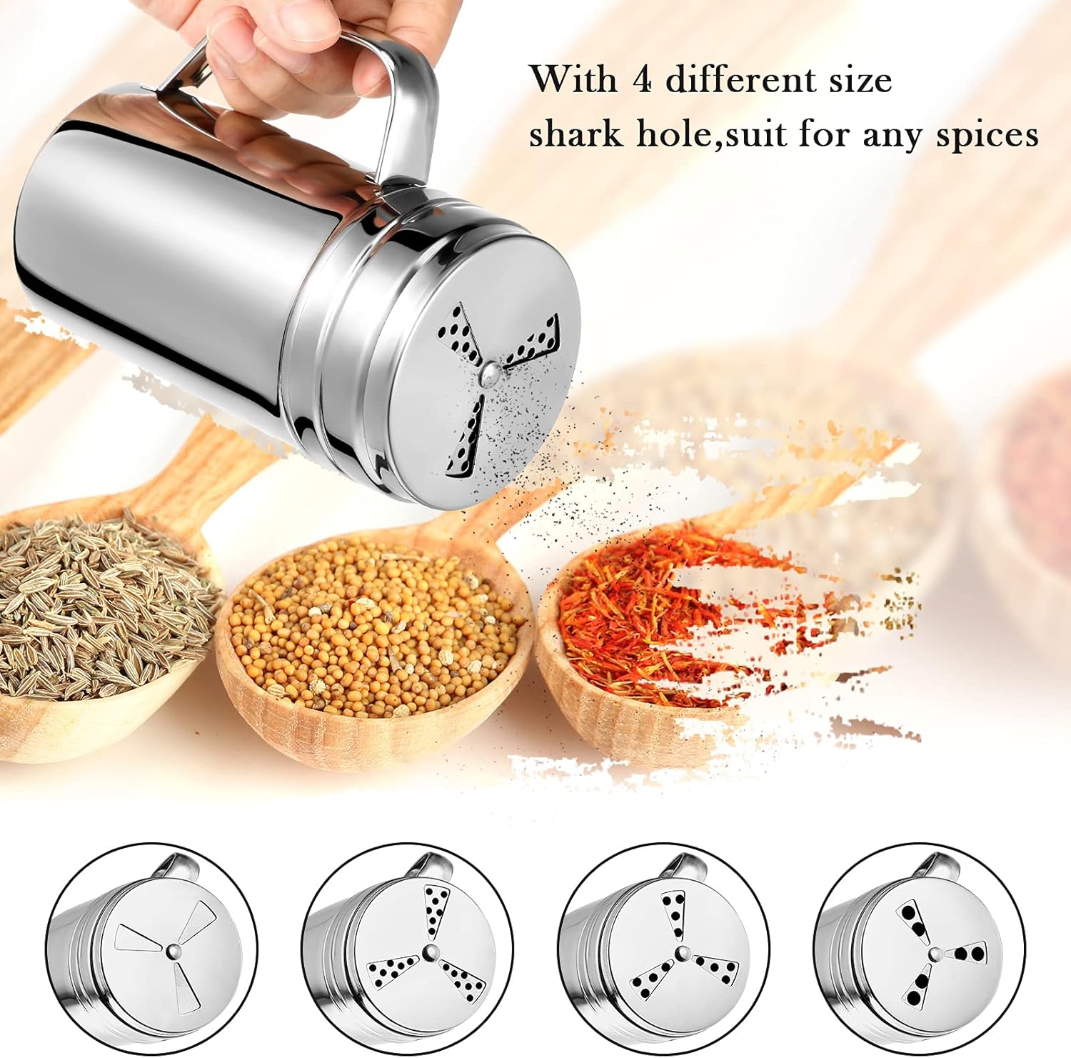3 Pieces Seasoning Bottle with Handle Stainless Steel Spice Shaker Metal Versatile Dredge Shaker with Rotating Cover for Cooking Kitchen Gadget Fan Style Lid,Large