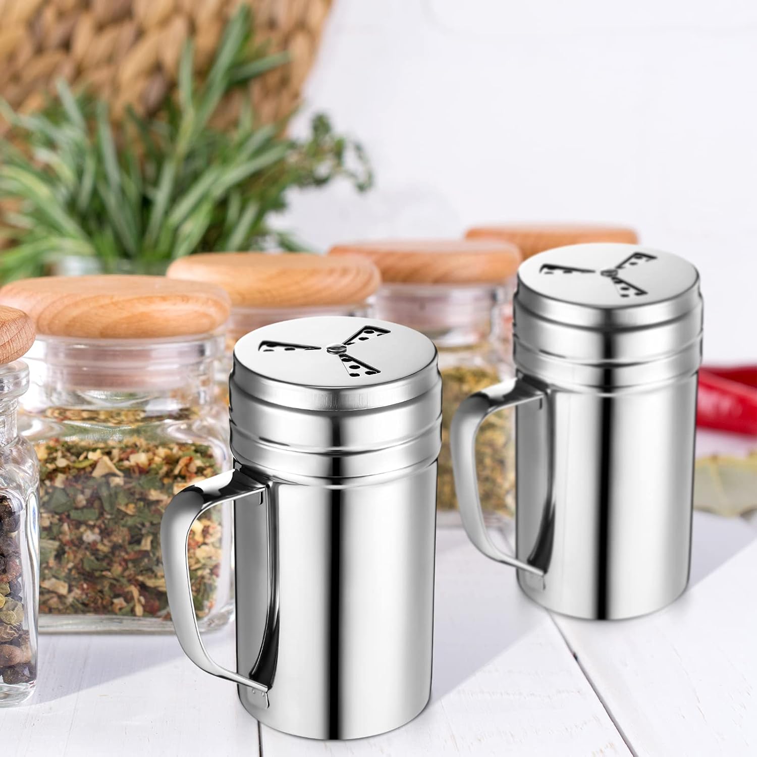 3 Pieces Seasoning Bottle with Handle Stainless Steel Spice Shaker Metal Versatile Dredge Shaker with Rotating Cover for Cooking Kitchen Gadget Fan Style Lid,Large