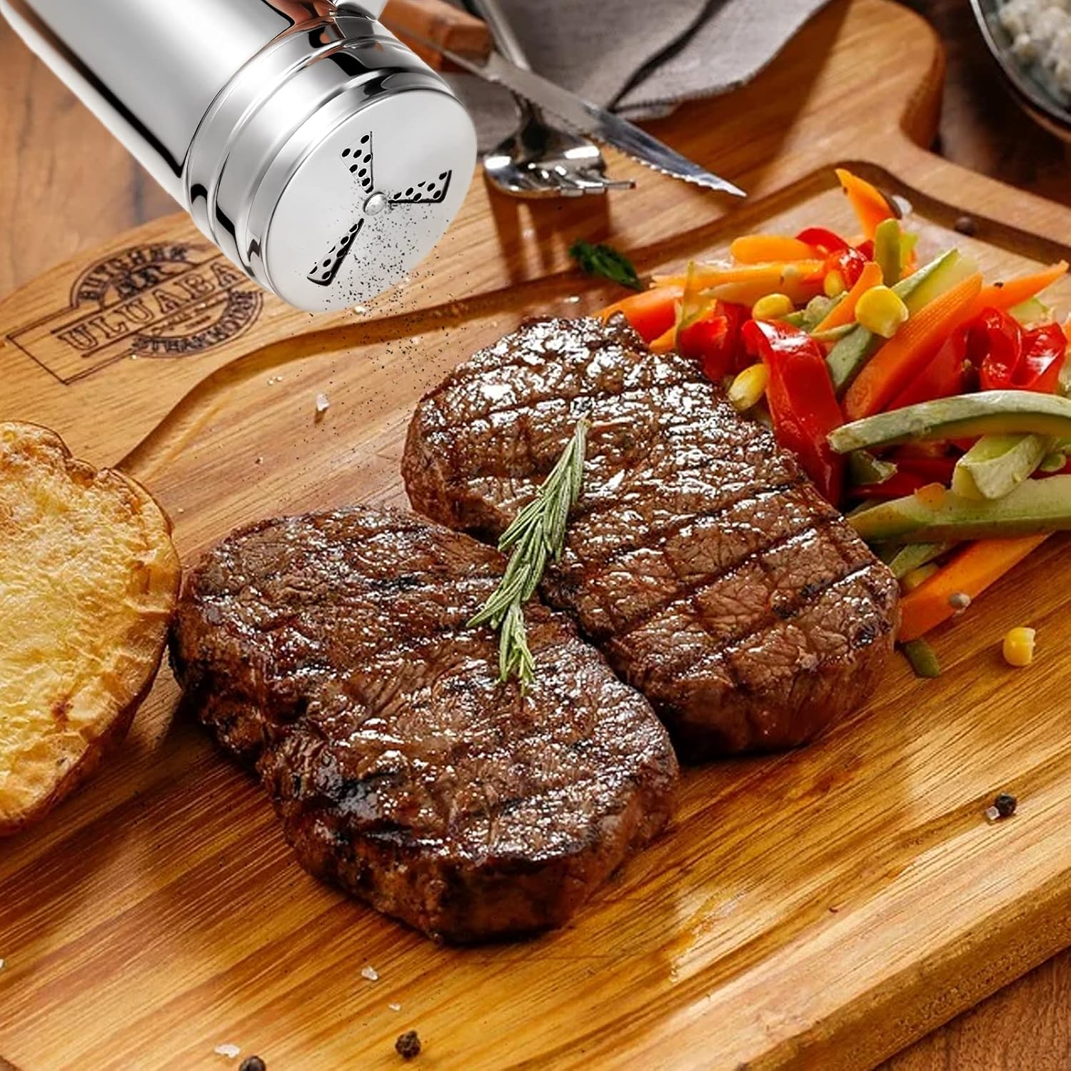 3 Pieces Seasoning Bottle with Handle Stainless Steel Spice Shaker Metal Versatile Dredge Shaker with Rotating Cover for Cooking Kitchen Gadget Fan Style Lid,Large