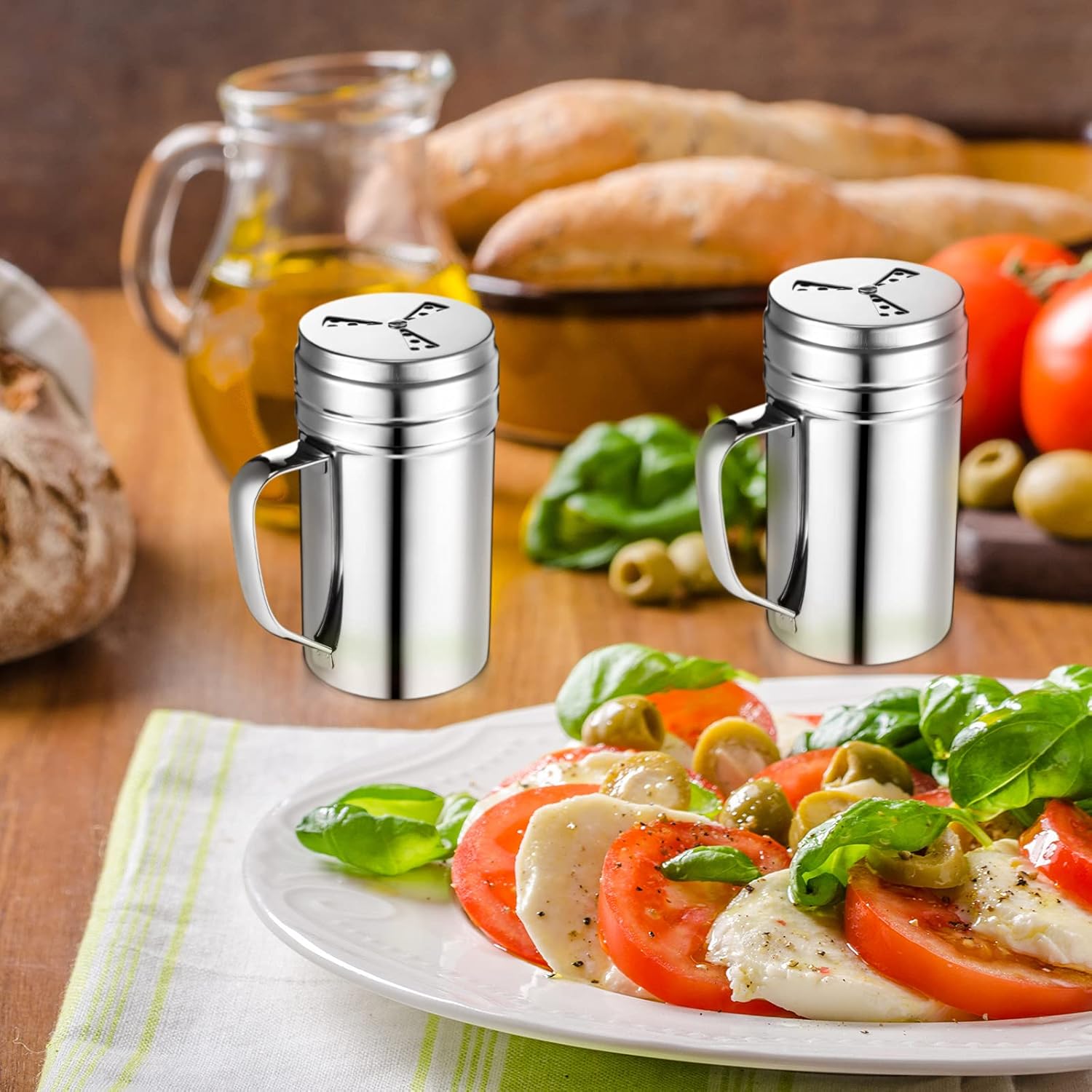 3 Pieces Seasoning Bottle with Handle Stainless Steel Spice Shaker Metal Versatile Dredge Shaker with Rotating Cover for Cooking Kitchen Gadget Fan Style Lid,Large