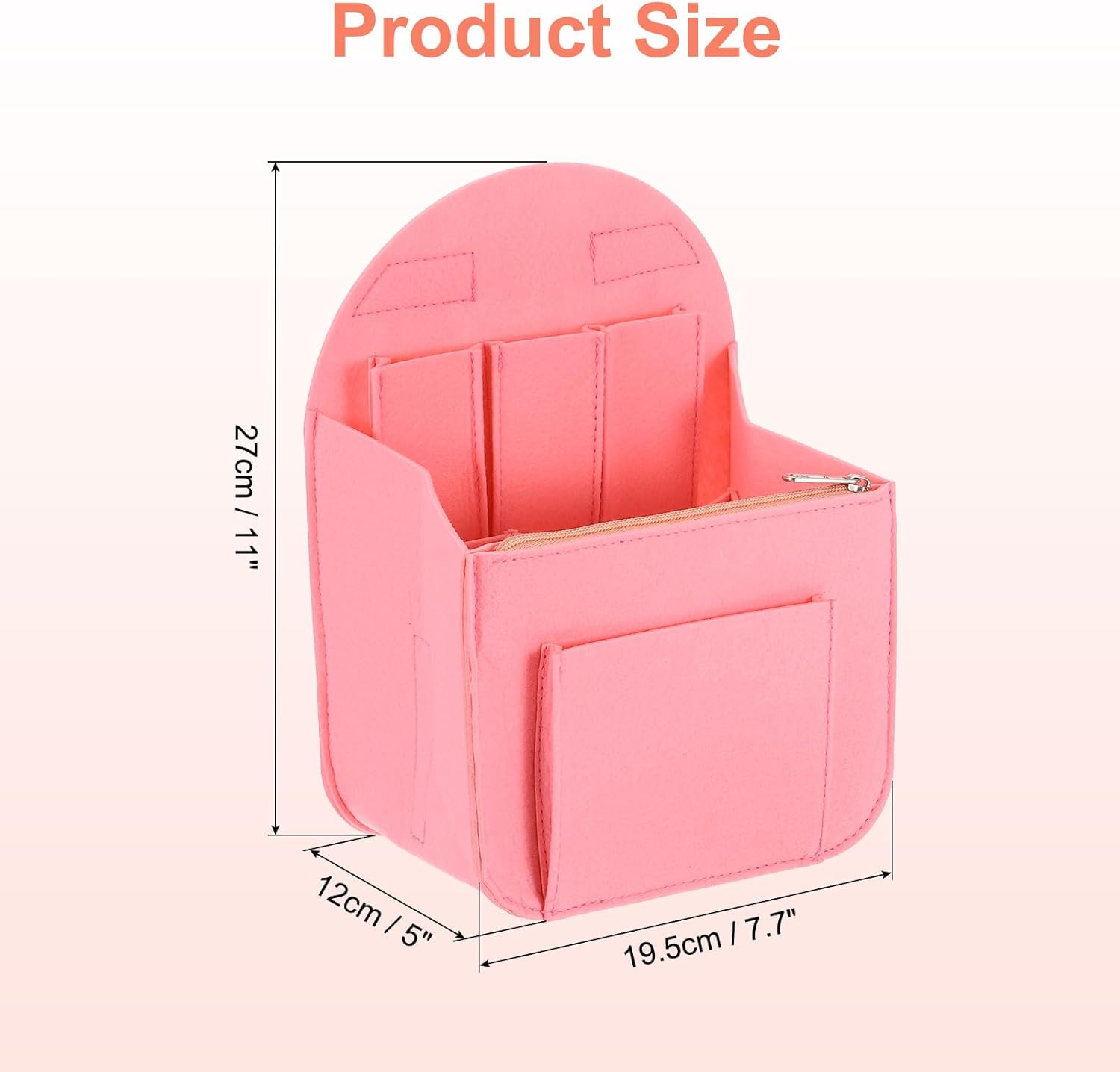 Purse Organizer Insert, Portable Felt Organizer Bags with Metal Zipper Multiple Compartments Purse Liner for Backpack Rucksack Handbag Shoulder Bag 7.7" x 5" x 11", Pink