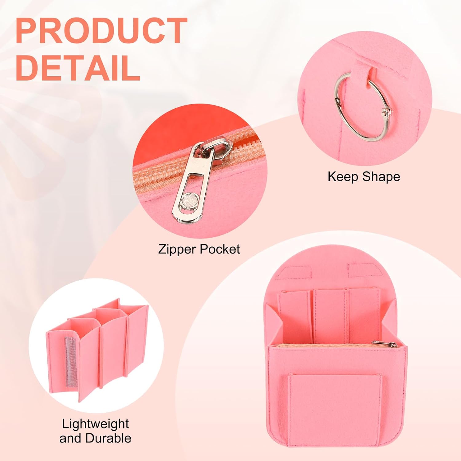Purse Organizer Insert, Portable Felt Organizer Bags with Metal Zipper Multiple Compartments Purse Liner for Backpack Rucksack Handbag Shoulder Bag 7.7" x 5" x 11", Pink
