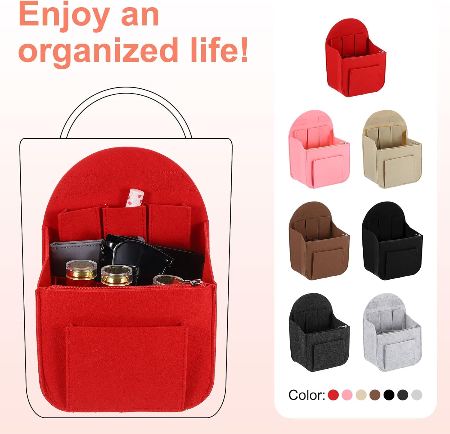 Purse Organizer Insert, Portable Felt Organizer Bags with Metal Zipper Multiple Compartments Purse Liner for Backpack Rucksack Handbag Shoulder Bag 7.7" x 5" x 11", Pink