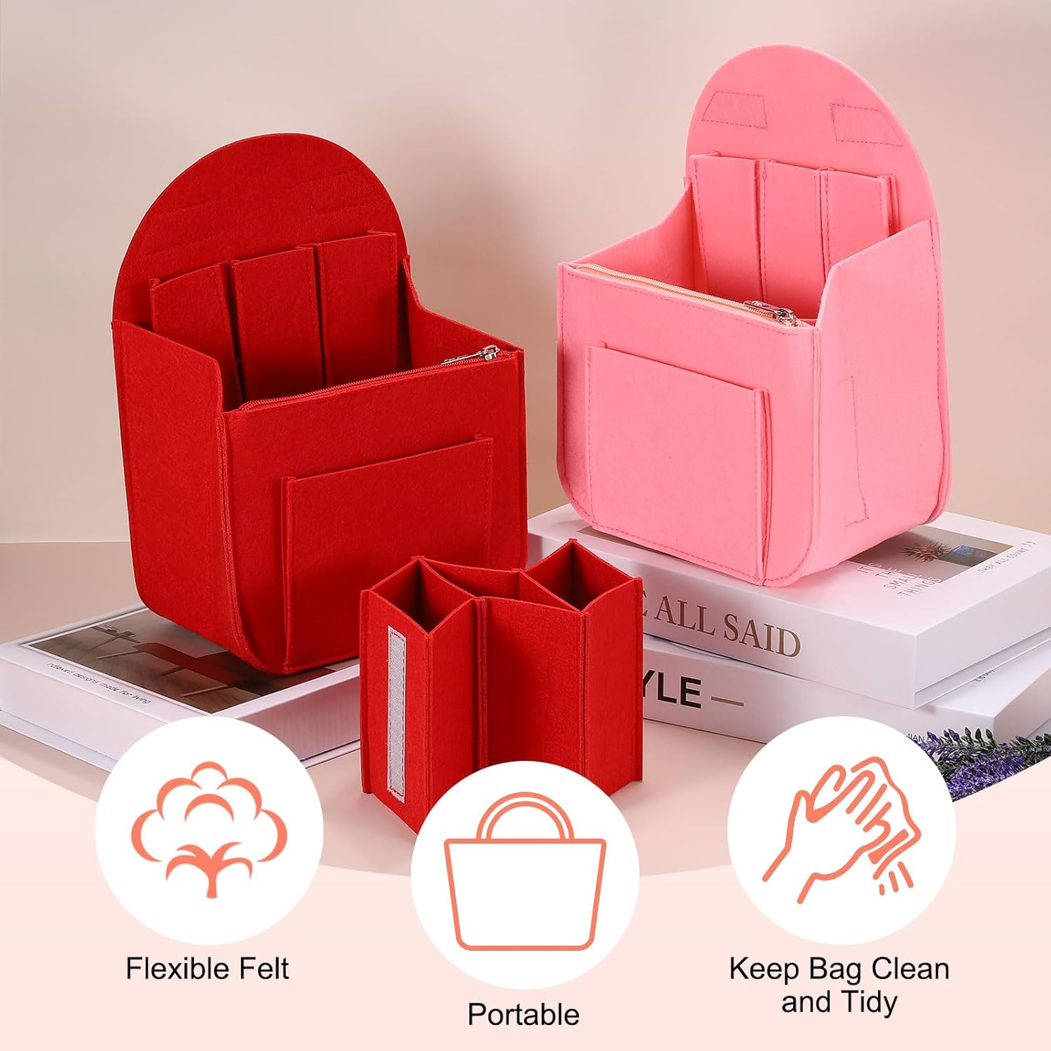 Purse Organizer Insert, Portable Felt Organizer Bags with Metal Zipper Multiple Compartments Purse Liner for Backpack Rucksack Handbag Shoulder Bag 7.7" x 5" x 11", Pink