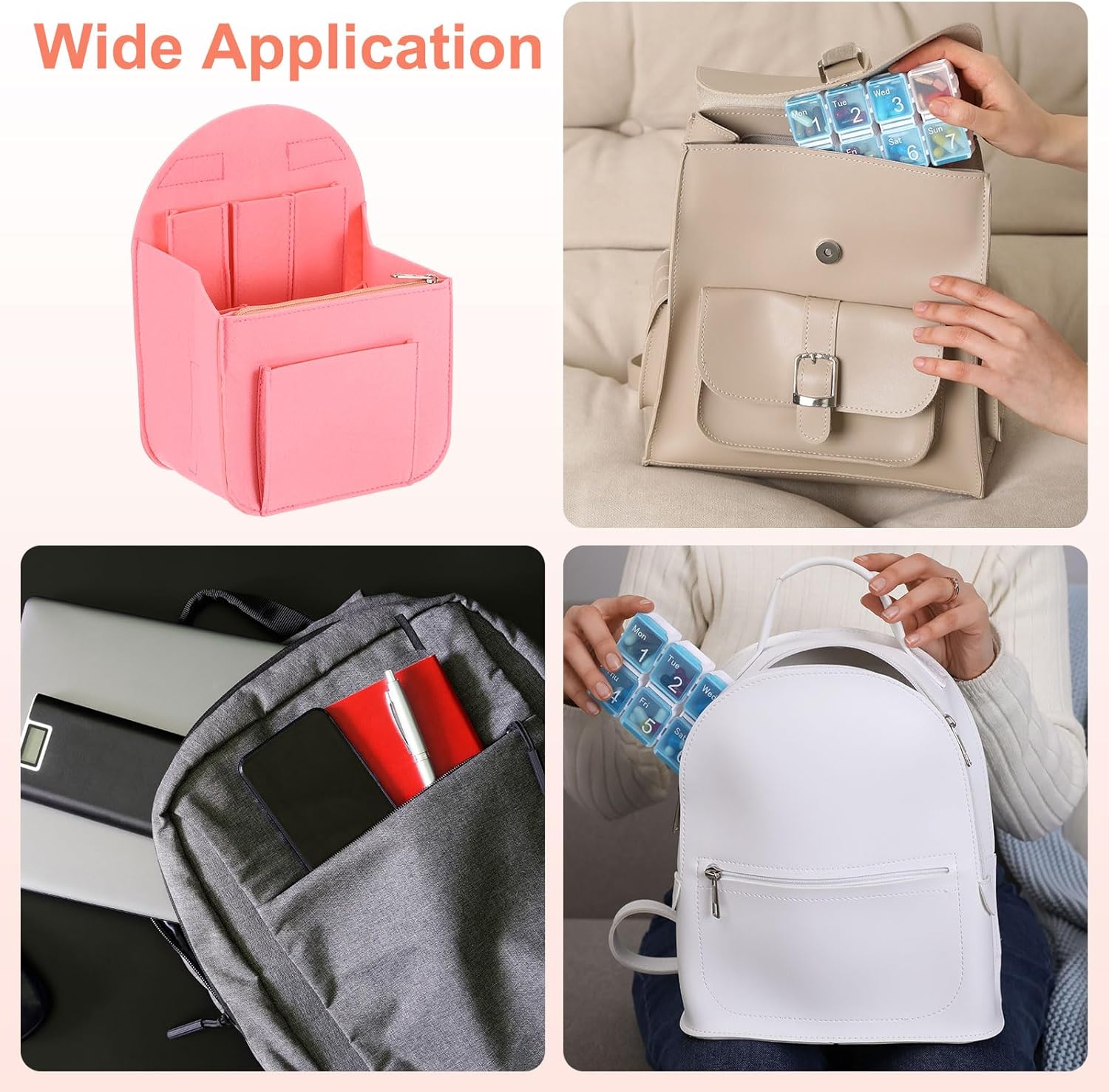 Purse Organizer Insert, Portable Felt Organizer Bags with Metal Zipper Multiple Compartments Purse Liner for Backpack Rucksack Handbag Shoulder Bag 7.7" x 5" x 11", Pink