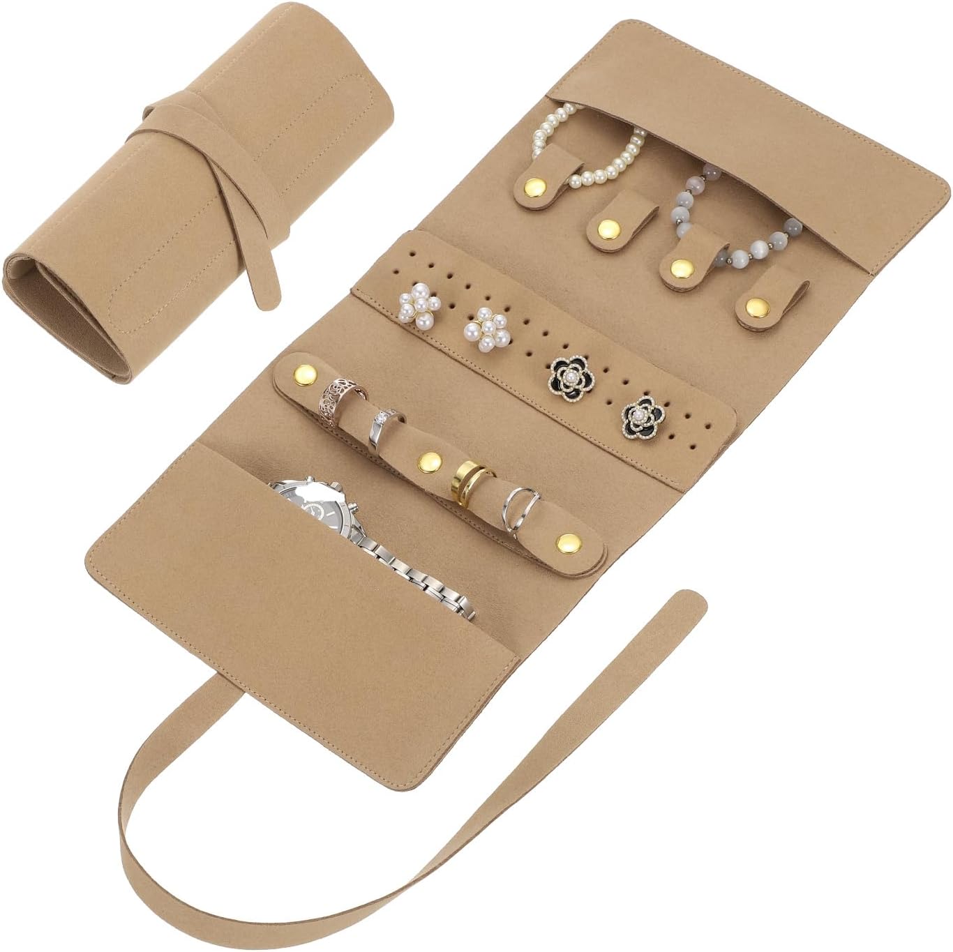 Travel Jewelry Bag Roll, Foldable Jewelry Travel Organizer with Tie Close Microfiber Jewelry Storage Roll Jewelry Case for Women Gift Necklaces Earrings Rings Bracelets, Khaki
