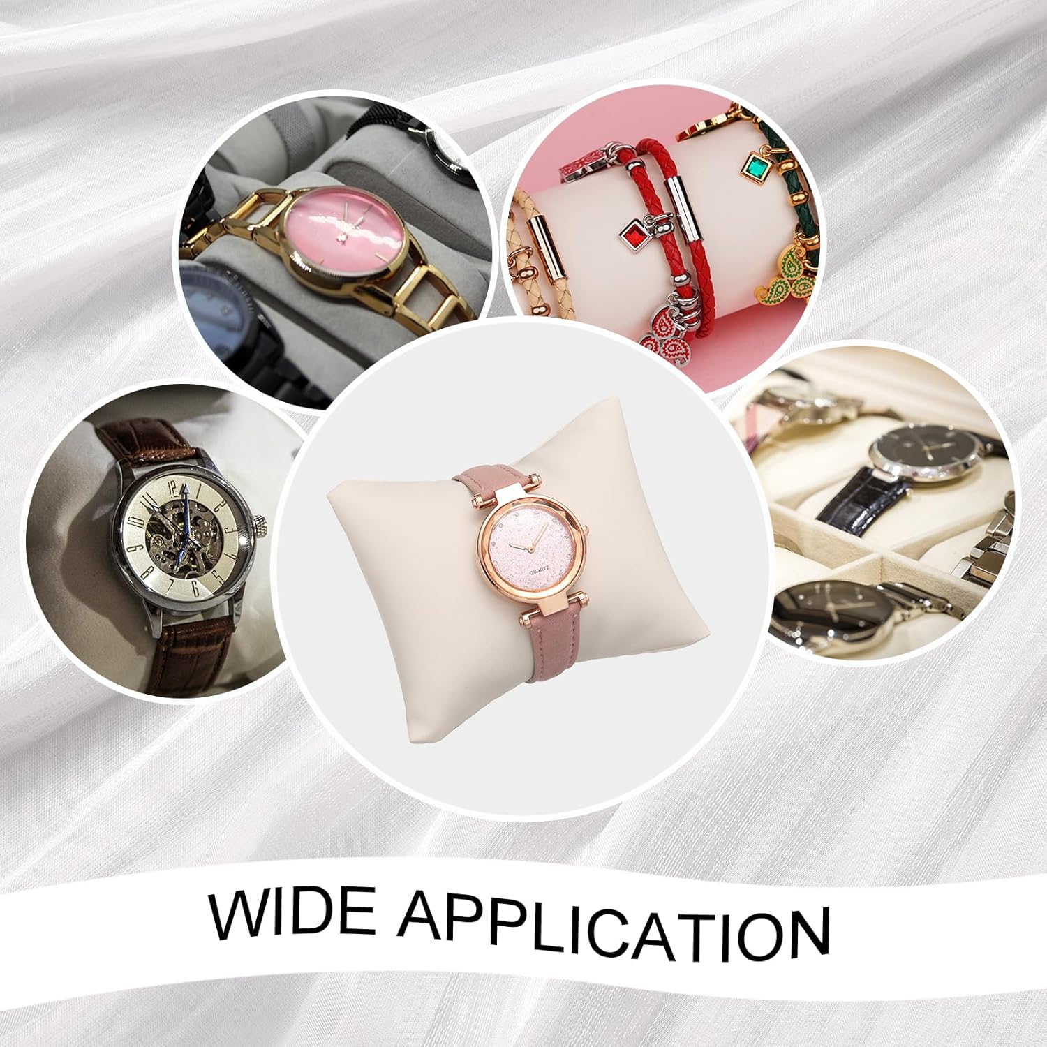 6pcs Leather Watch Pillows, Jewelry Display Pillow for Bracelet, Watch, Anklet, Bangle, Dangle Earring and Necklace Pink