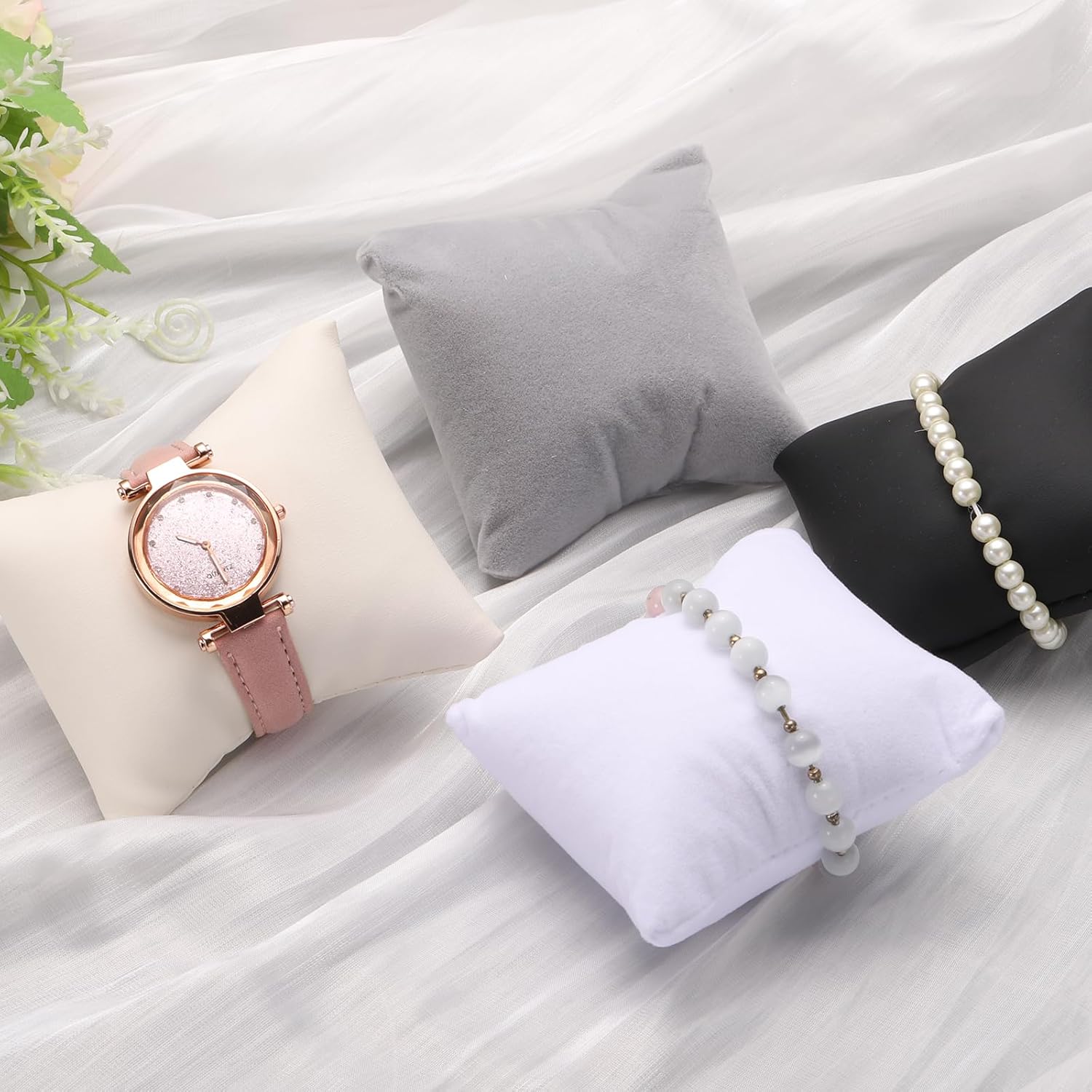 6pcs Leather Watch Pillows, Jewelry Display Pillow for Bracelet, Watch, Anklet, Bangle, Dangle Earring and Necklace Pink