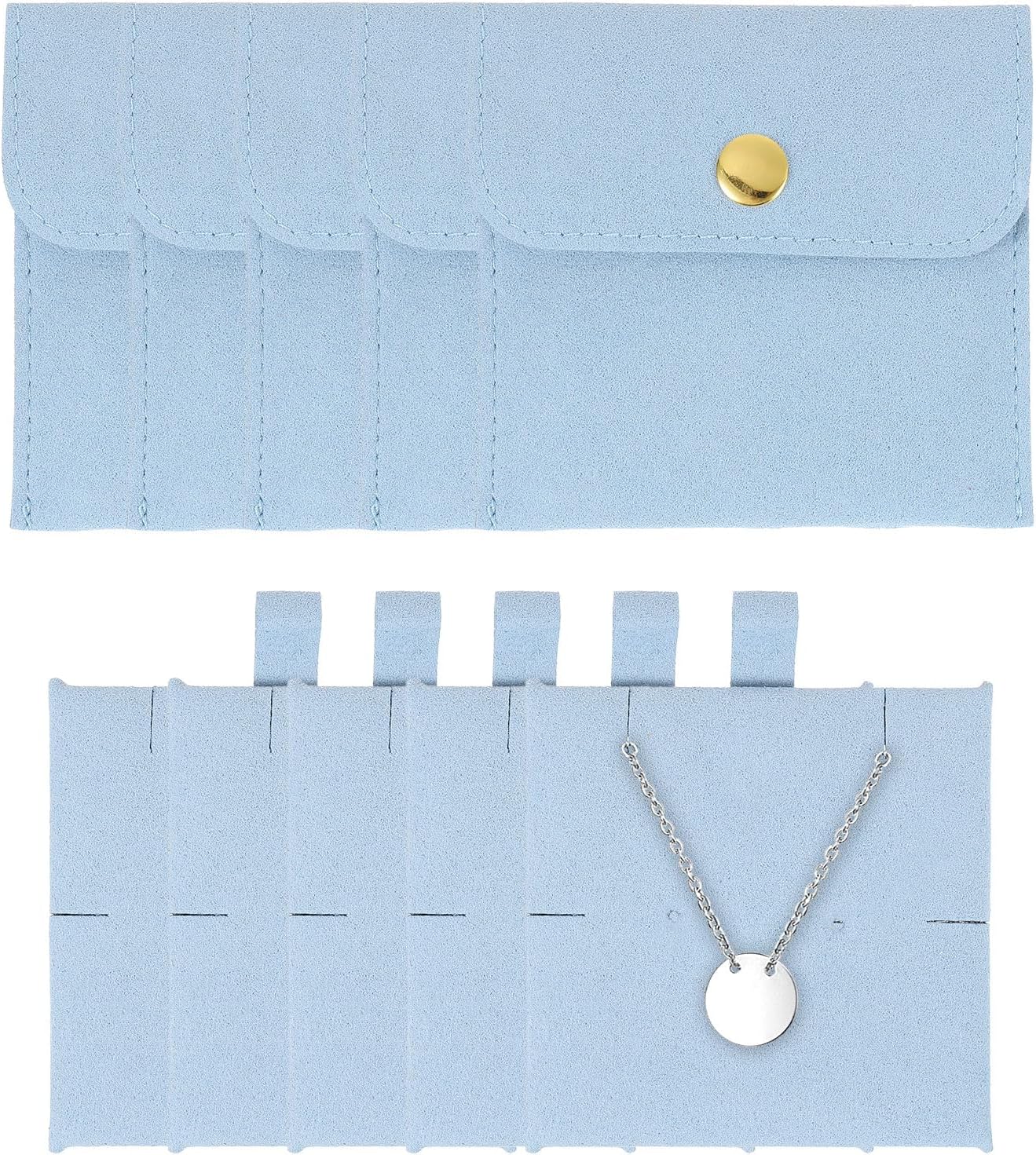 5 Pcs Microfiber Jewelry Pouches with Insert Pad, 8 x 8cm Snap Button Jewelry Velvet Gift Bags Organizer for Rings Necklace Bracelet, Light Blue