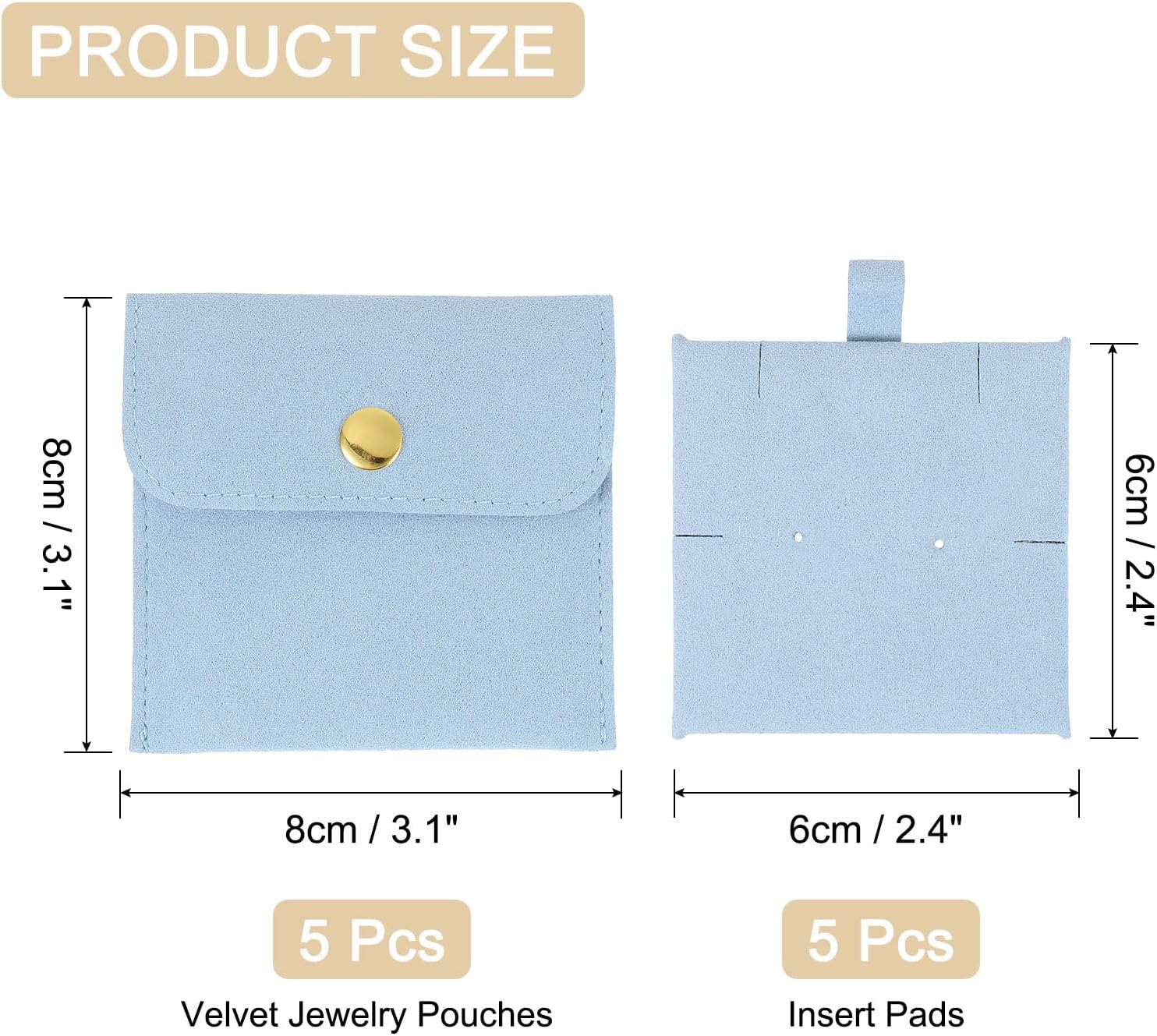 5 Pcs Microfiber Jewelry Pouches with Insert Pad, 8 x 8cm Snap Button Jewelry Velvet Gift Bags Organizer for Rings Necklace Bracelet, Light Blue