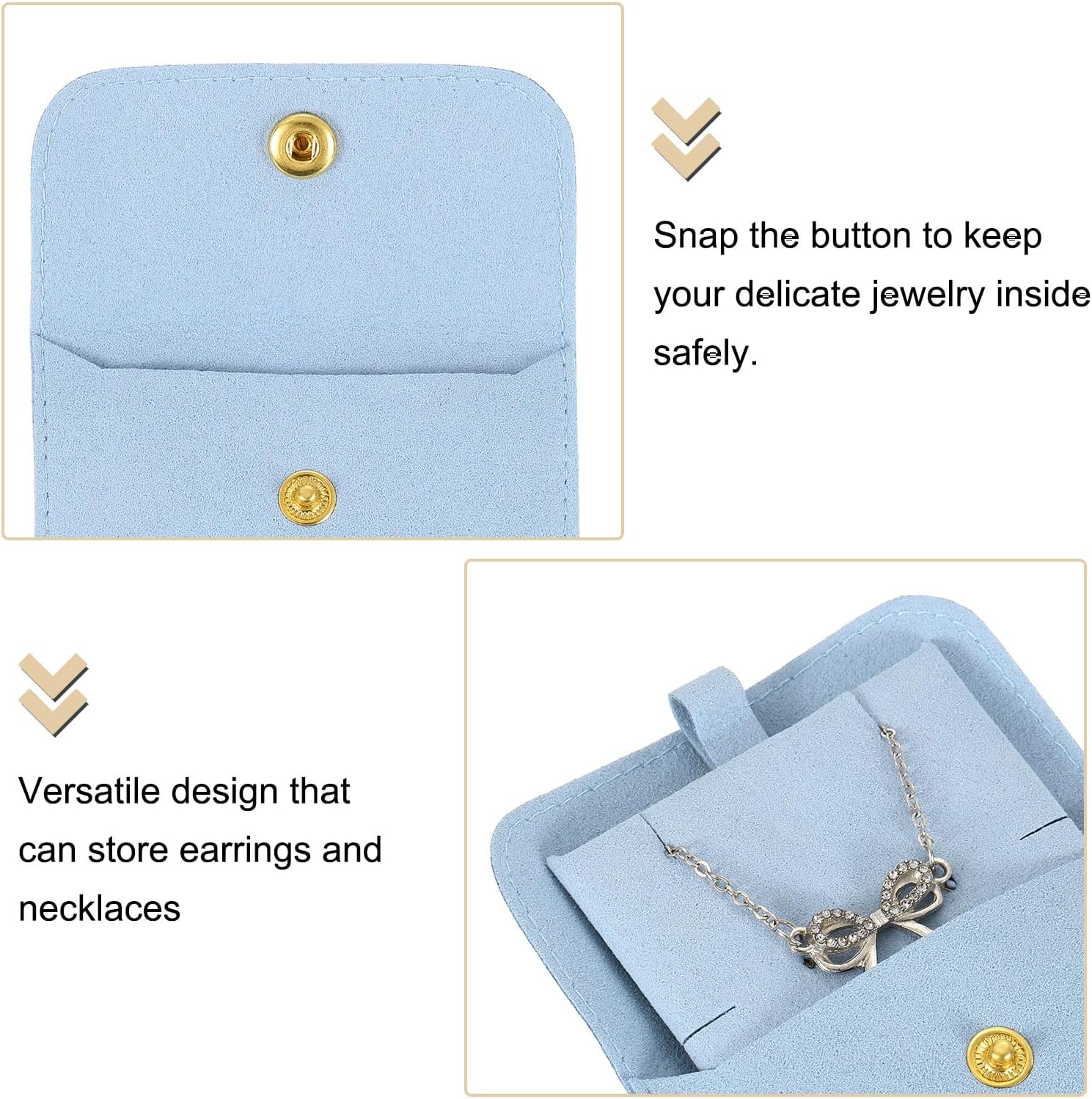 5 Pcs Microfiber Jewelry Pouches with Insert Pad, 8 x 8cm Snap Button Jewelry Velvet Gift Bags Organizer for Rings Necklace Bracelet, Light Blue