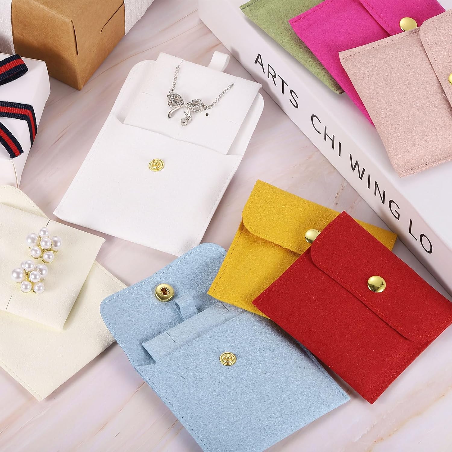 5 Pcs Microfiber Jewelry Pouches with Insert Pad, 8 x 8cm Snap Button Jewelry Velvet Gift Bags Organizer for Rings Necklace Bracelet, Light Blue