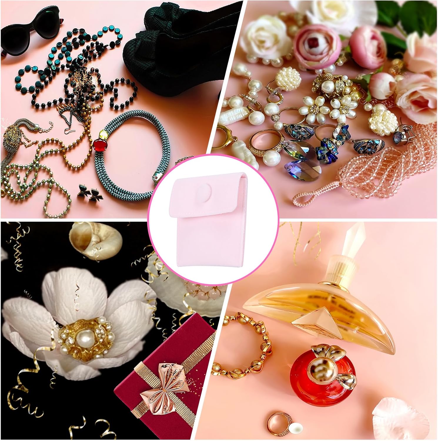 12 Pcs Velvet Jewelry Pouches with Snap Button 2.8x2.8 Inches,Soft Jewelry Pouches Storage Bags Small Velvet Gift Bags with 10 Divider Fit for Rings Necklace Bracelet, Pink