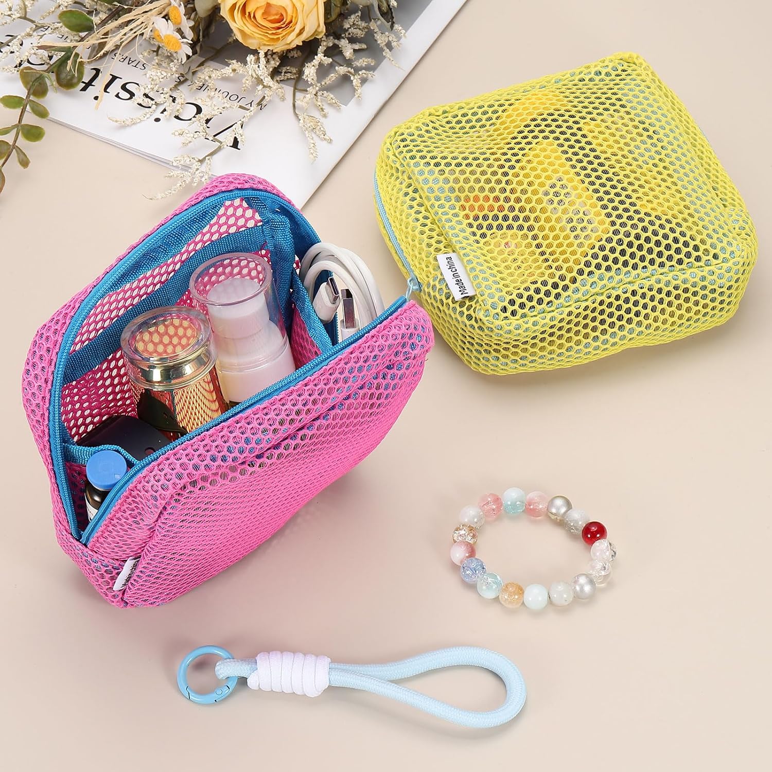 2Pcs Mesh Makeup Bag, 4.7" Portable Mesh Cosmetic Bag with Straps, Cute Mini Travel Toiletry Pouch with Zipper for Travel, Daily Accessories Organizer, Purse, Purple, Rose Red