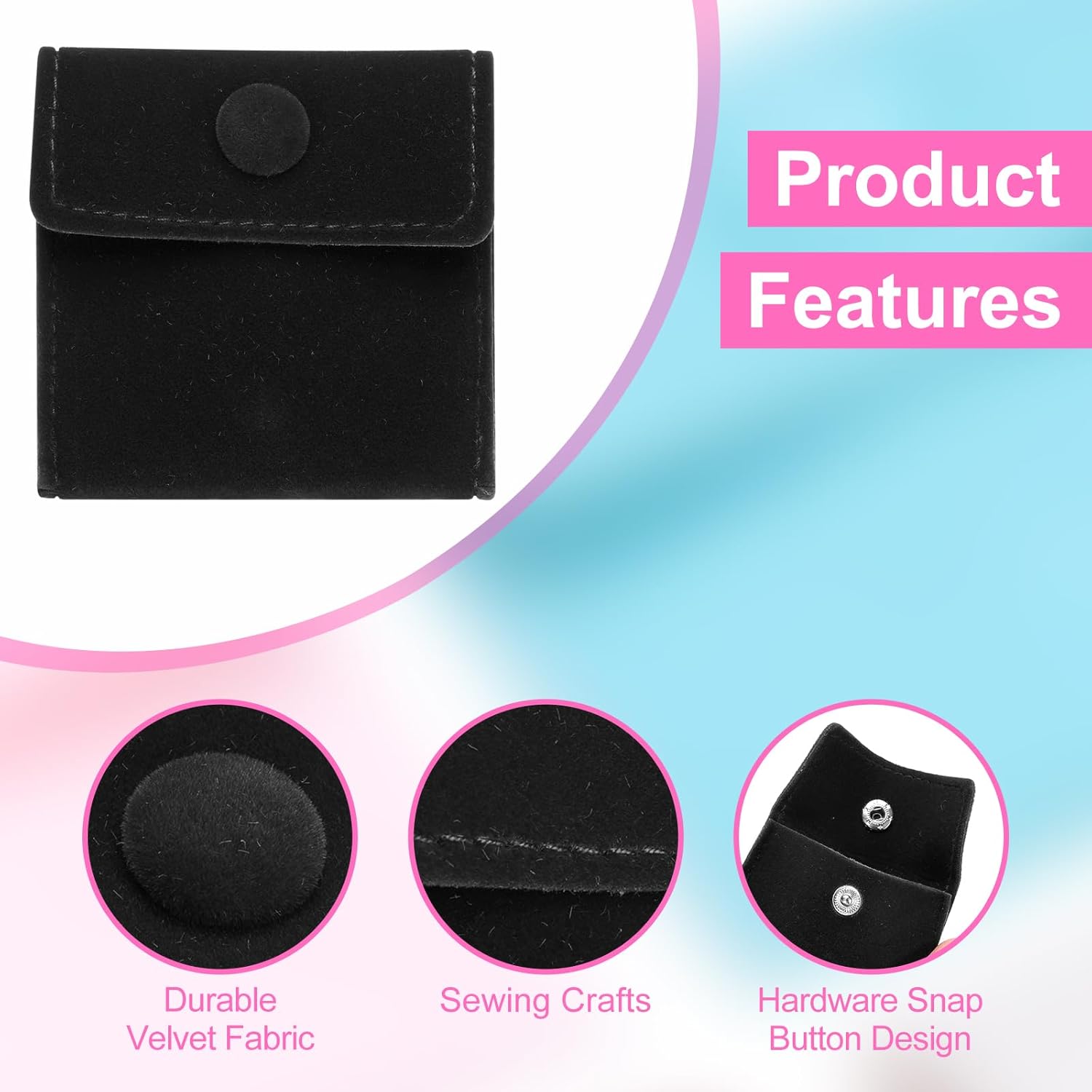 20 Pcs Velvet Jewelry Pouches with Snap Button 2.8x2.8 Inches, Soft Jewelry Pouches Storage Bags Small Velvet Gift Bags for Rings Necklace Bracelet Earring Watch, Black