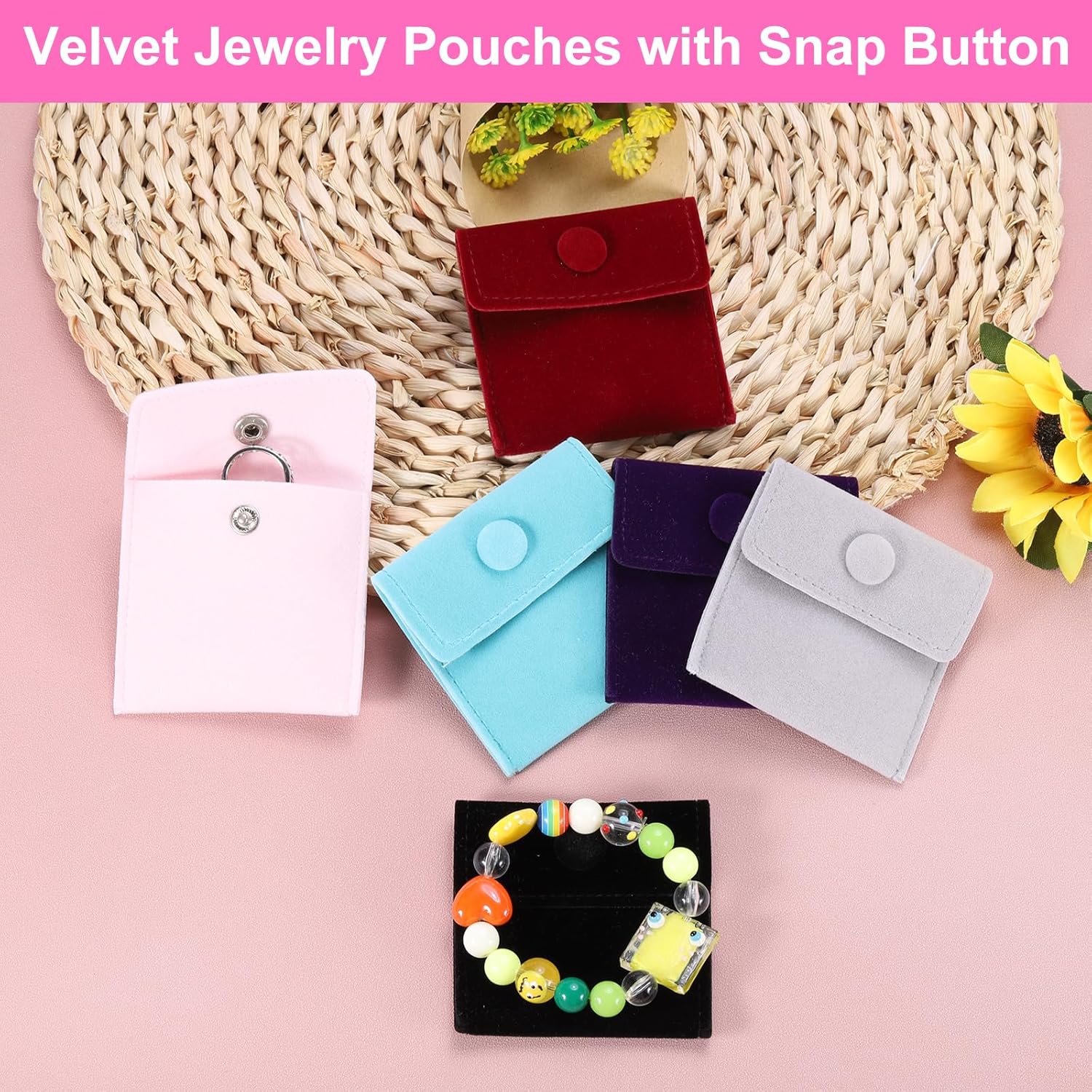 20 Pcs Velvet Jewelry Pouches with Snap Button 2.8x2.8 Inches, Soft Jewelry Pouches Storage Bags Small Velvet Gift Bags for Rings Necklace Bracelet Earring Watch, Black