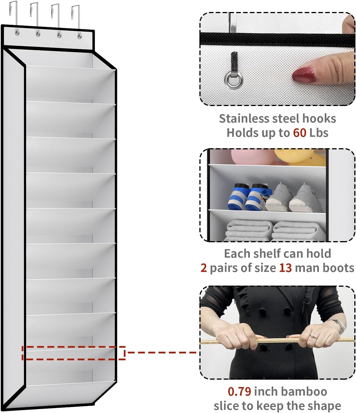 10 Tiers White Over Door Shoe Organizer Storage, Hanging Shoe Holder for Door with Large Deep Pockets, Fit 20-30 Pairs Shoe Rack for Sneakers, Boots. White
