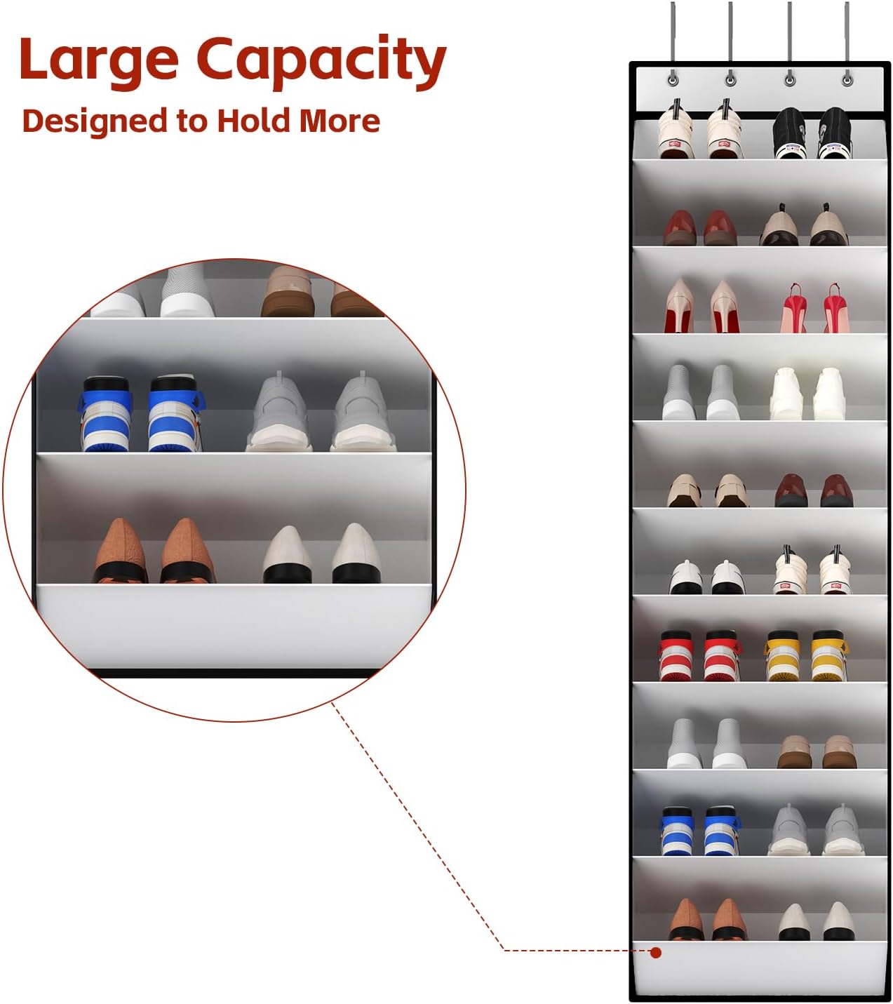 10 Tiers White Over Door Shoe Organizer Storage, Hanging Shoe Holder for Door with Large Deep Pockets, Fit 20-30 Pairs Shoe Rack for Sneakers, Boots. White