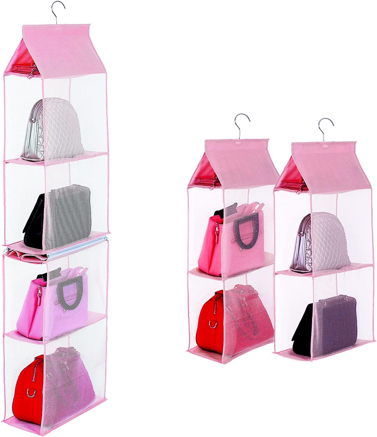 Closet Purse Organizer, Hanging Handbag Organizer with 4 Heavy-Duty Mesh Shelves Closet Purse Storage Bag Pink