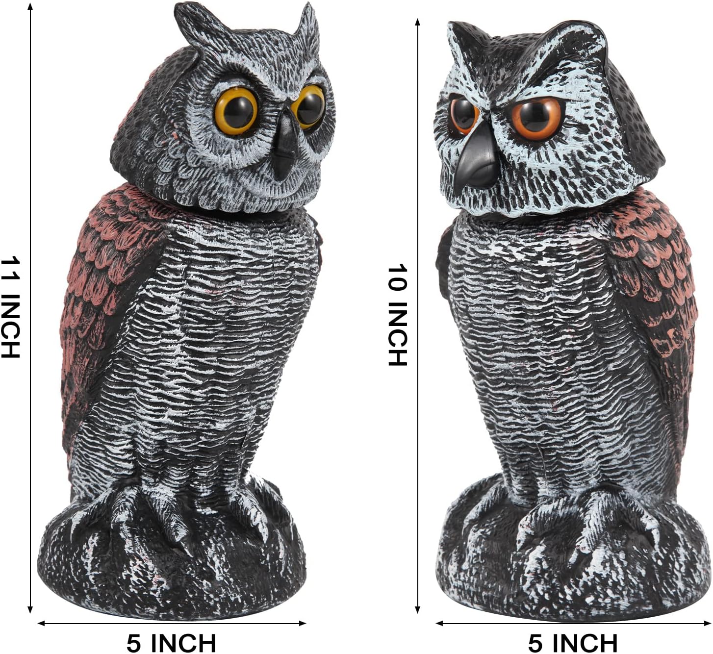 2 Pack Fake Owl Decoys to Scare Birds Away, Rotating Head Bird Deterrents, Nature Enemy Scarecrow Plastic Statues, Pest Repellent for Gardens and Patios