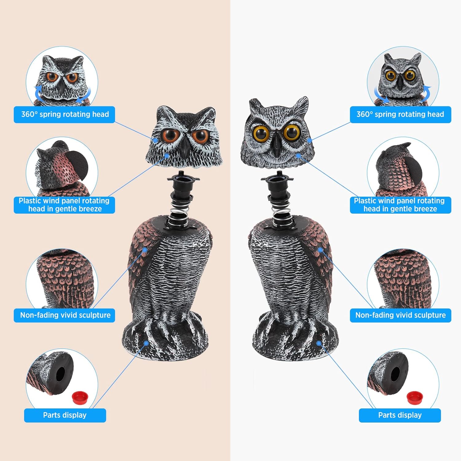 2 Pack Fake Owl Decoys to Scare Birds Away, Rotating Head Bird Deterrents, Nature Enemy Scarecrow Plastic Statues, Pest Repellent for Gardens and Patios