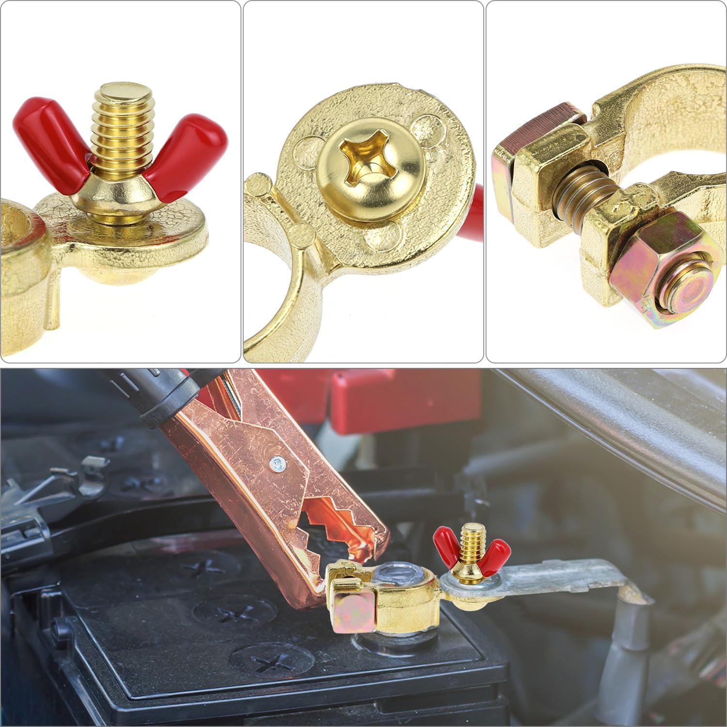 Brass Marine Grade Battery Terminal Top Post, 8 Pairs Battery Terminal Connectors, Battery Terminal Clamps for Boat Car RV, Fit All Standard Top of Post Batteries, 8 Positive + 8 Negative
