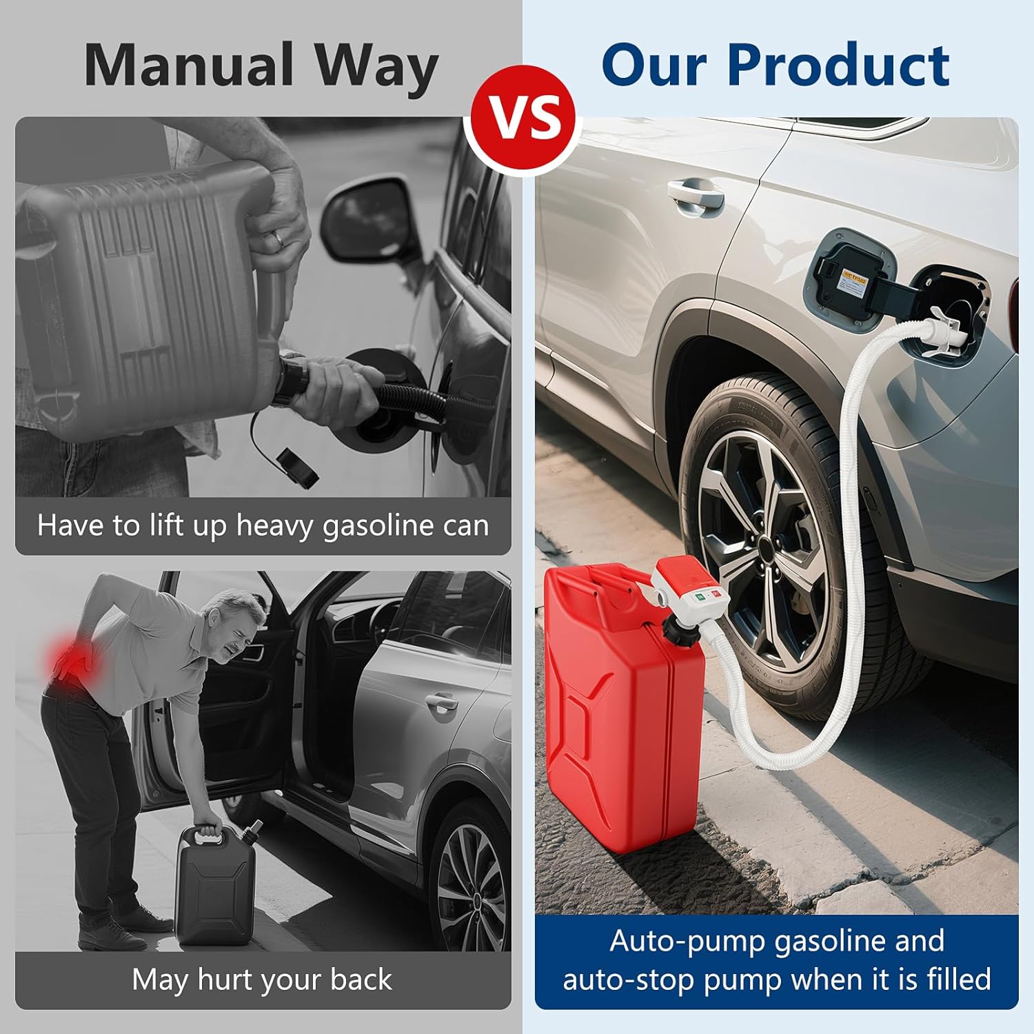 Fuel Transfer Pump with Auto-stop Sensor -3.2 GPM, 3 Tank Adapters, 51" Hose Portable Fuel Pump Battery Operated Liquid Pump, Gas Transfer Pump for Gasoline, Diesel, Oil Can Not Included