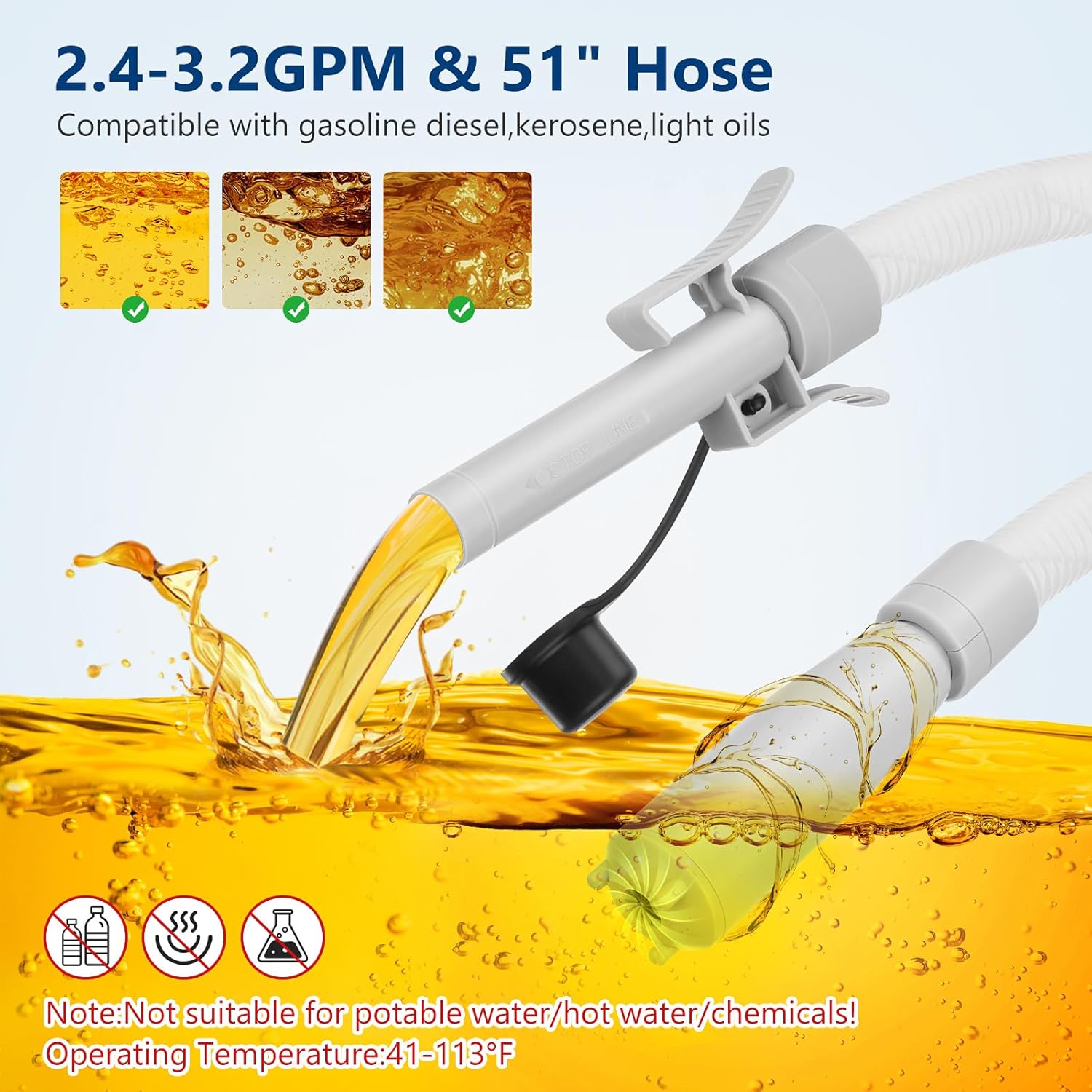 Fuel Transfer Pump with Auto-stop Sensor -3.2 GPM, 3 Tank Adapters, 51" Hose Portable Fuel Pump Battery Operated Liquid Pump, Gas Transfer Pump for Gasoline, Diesel, Oil Can Not Included