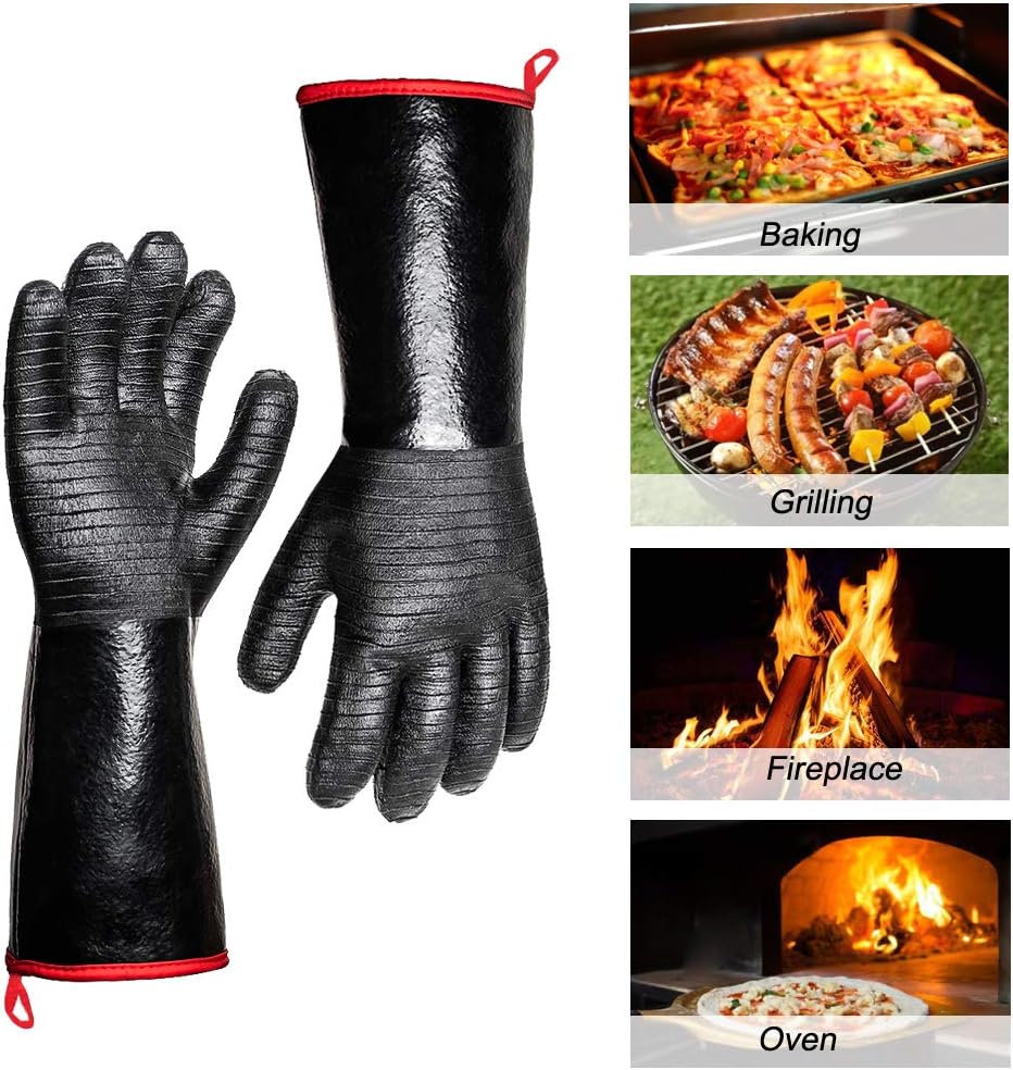 932°F Extreme Heat Resistant Gloves for Grill BBQ, Waterproof Long Sleeve Pit Grill Gloves for Fryer, Baking, Oven,Smoker,Fireproof, Oil Resistant Neoprene Coating 14-Inch