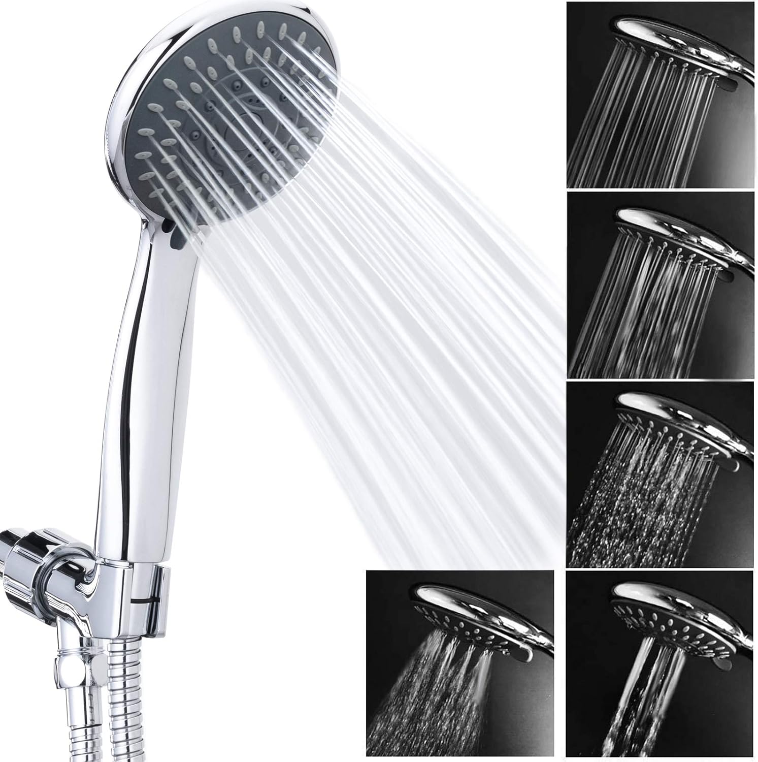 High Pressure Handheld Shower Head 5-Settings Powerful Water Spray Shower Head against Low Pressure Water Flow with Stainless Hose and Adjustable Mount