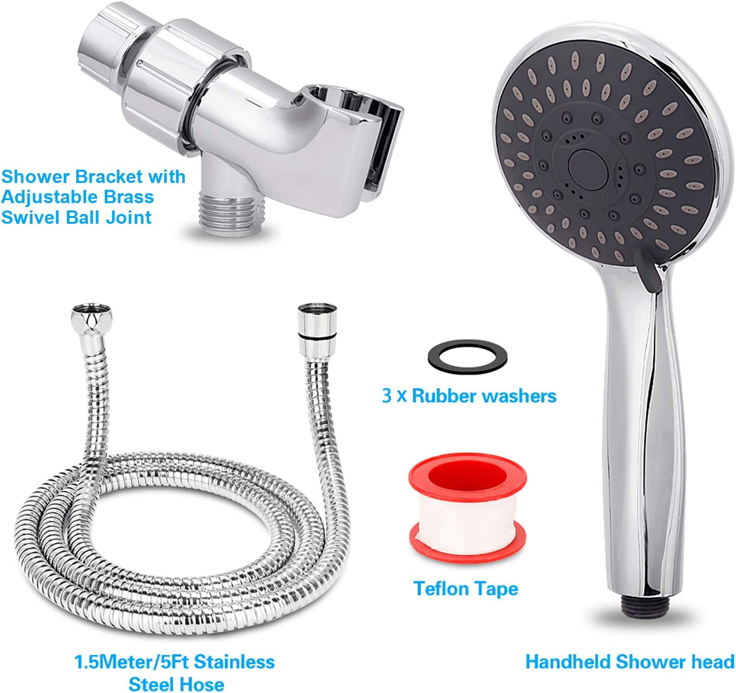 High Pressure Handheld Shower Head 5-Settings Powerful Water Spray Shower Head against Low Pressure Water Flow with Stainless Hose and Adjustable Mount