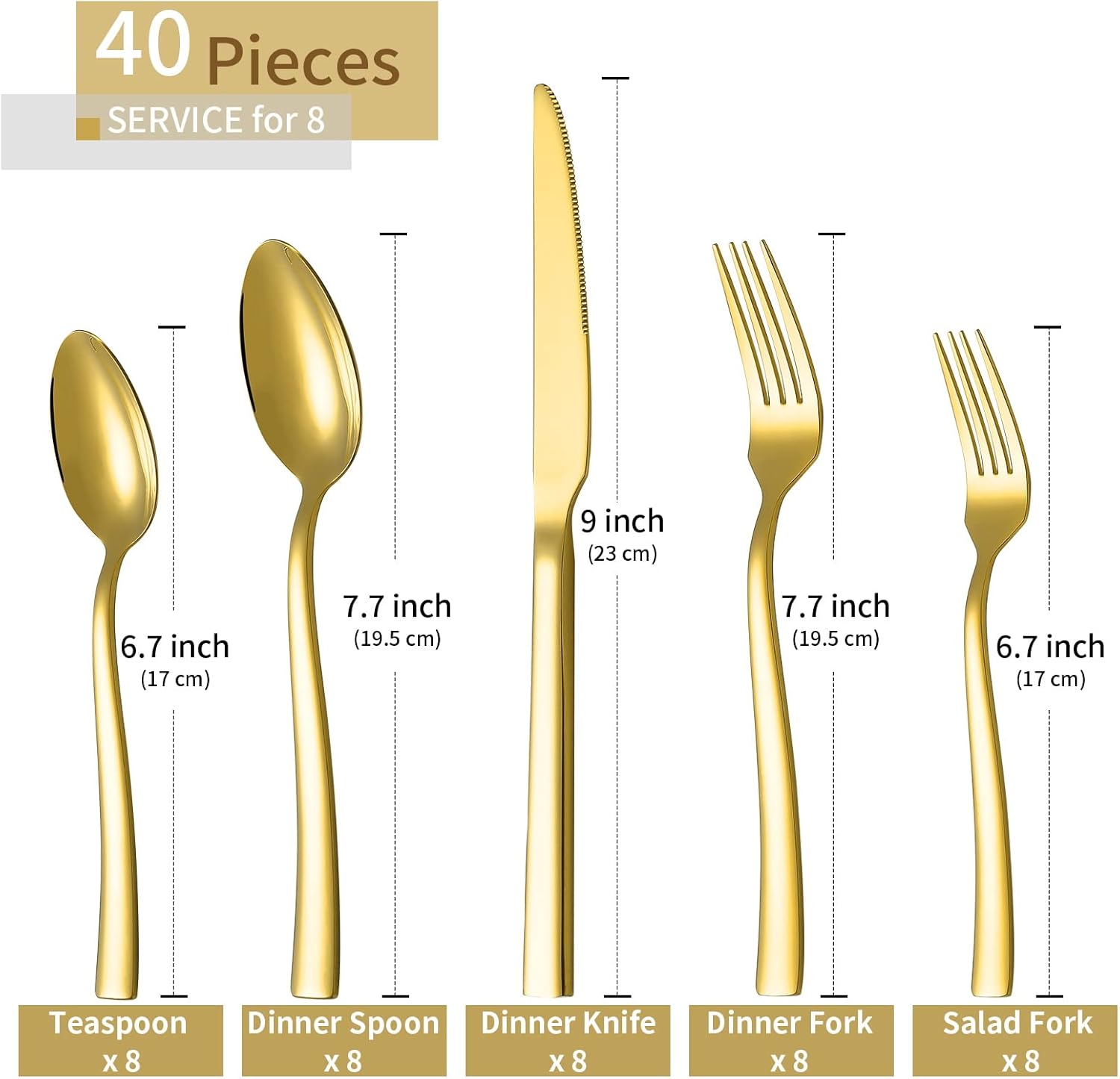Gold Silverware Set, 40 Piece Stainless Steel Flatware Cutlery Set Service for 8 Luxury Square Tableware Thick Knife Fork Spoon for Home Kitchen Restaurant Wedding, Mirror Polished