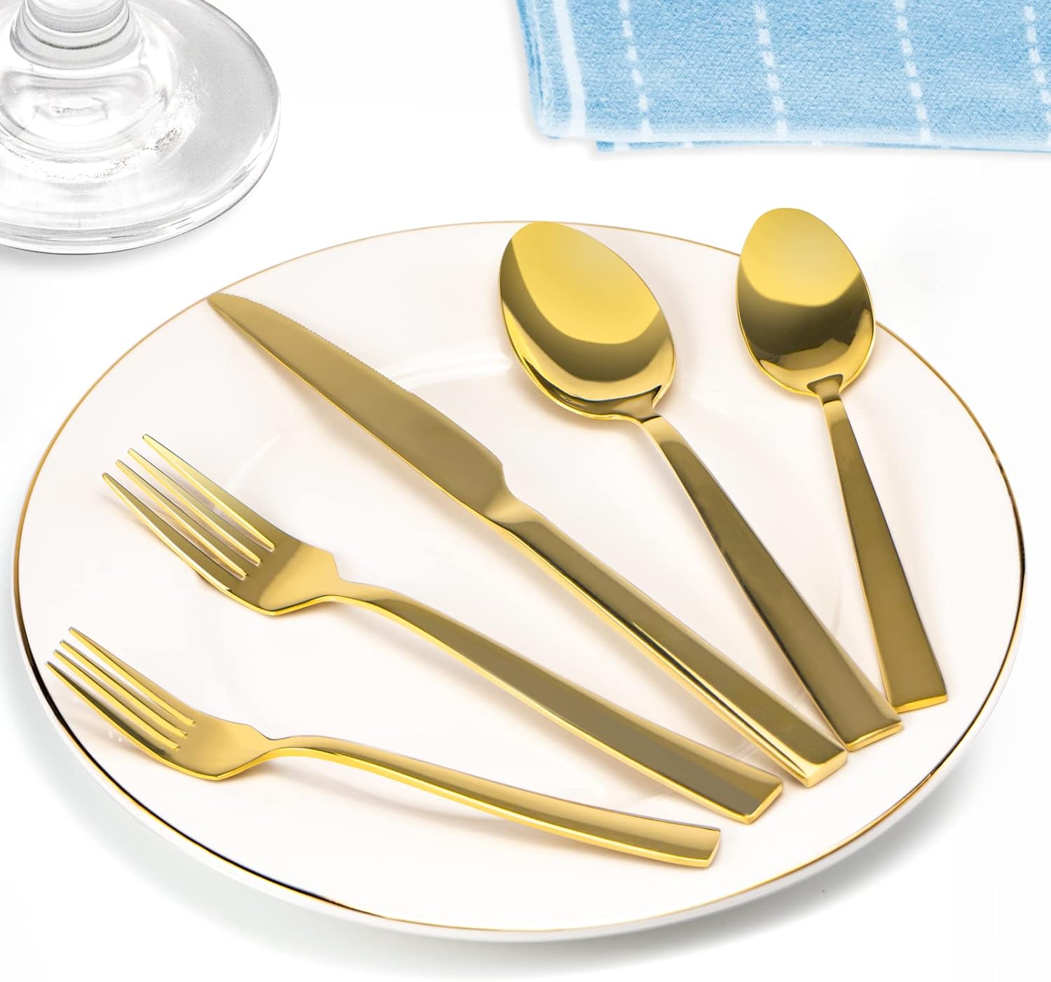 Gold Silverware Set, 40 Piece Stainless Steel Flatware Cutlery Set Service for 8 Luxury Square Tableware Thick Knife Fork Spoon for Home Kitchen Restaurant Wedding, Mirror Polished