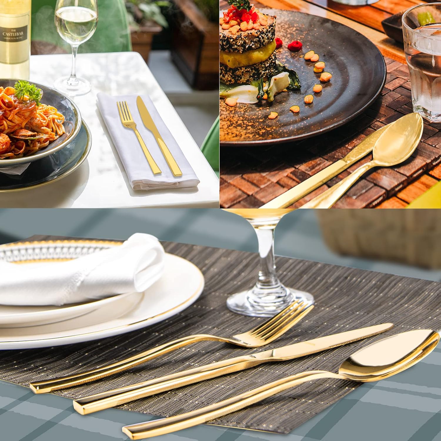 Gold Silverware Set, 40 Piece Stainless Steel Flatware Cutlery Set Service for 8 Luxury Square Tableware Thick Knife Fork Spoon for Home Kitchen Restaurant Wedding, Mirror Polished