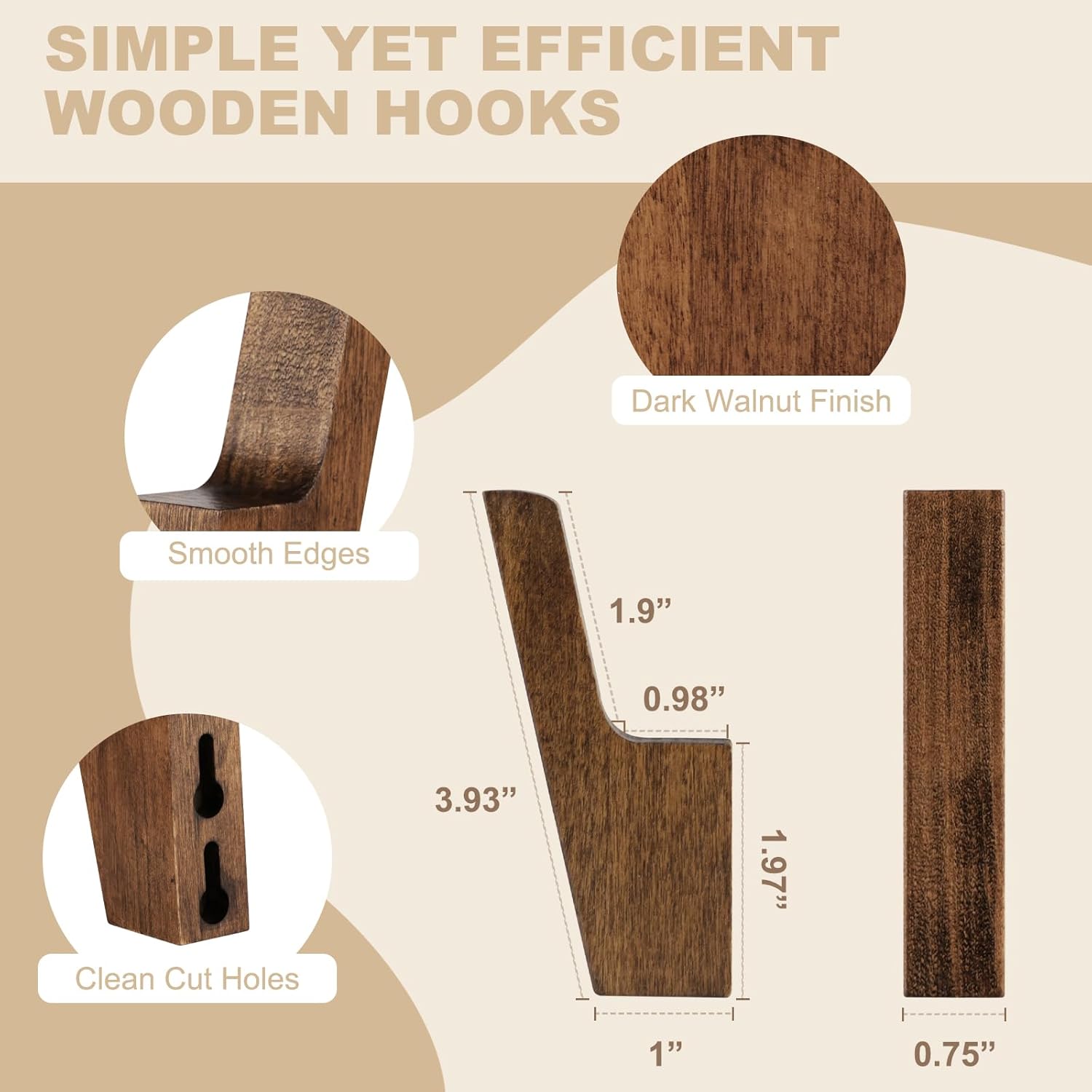 Walnut Wall Hooks, Wall Mount Wooden Coat Hooks for Entryway Cubicle, Brown, 4 Pcs