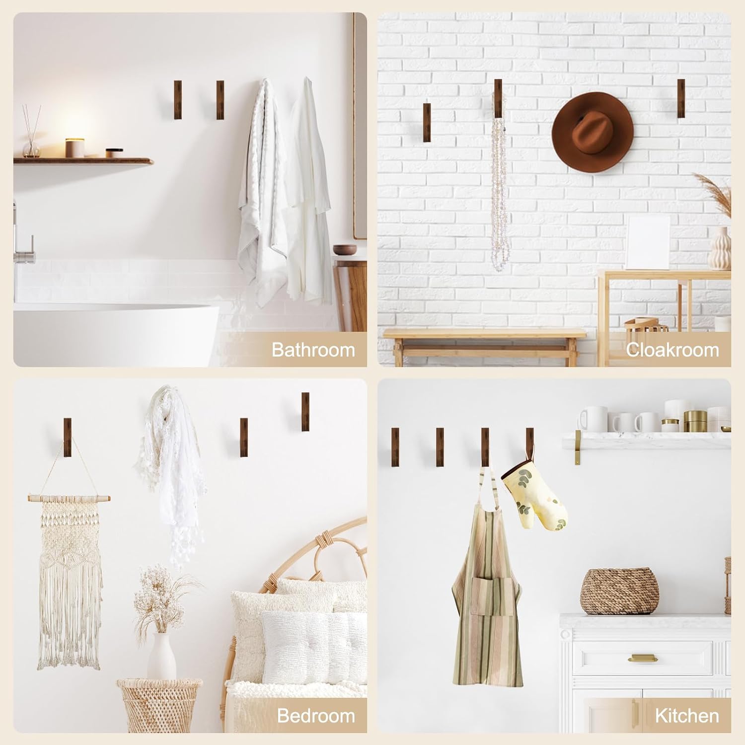 Walnut Wall Hooks, Wall Mount Wooden Coat Hooks for Entryway Cubicle, Brown, 4 Pcs