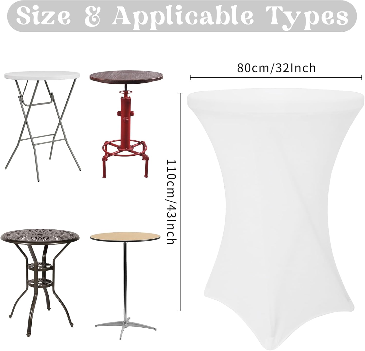 8 Pack Cocktail Table Covers 32x43 Inch Fitted Stretch Spandex Square Corners White Table Cover High Top Cocktail Round Tablecloth for Party, Wedding, Birthday, Banquet White