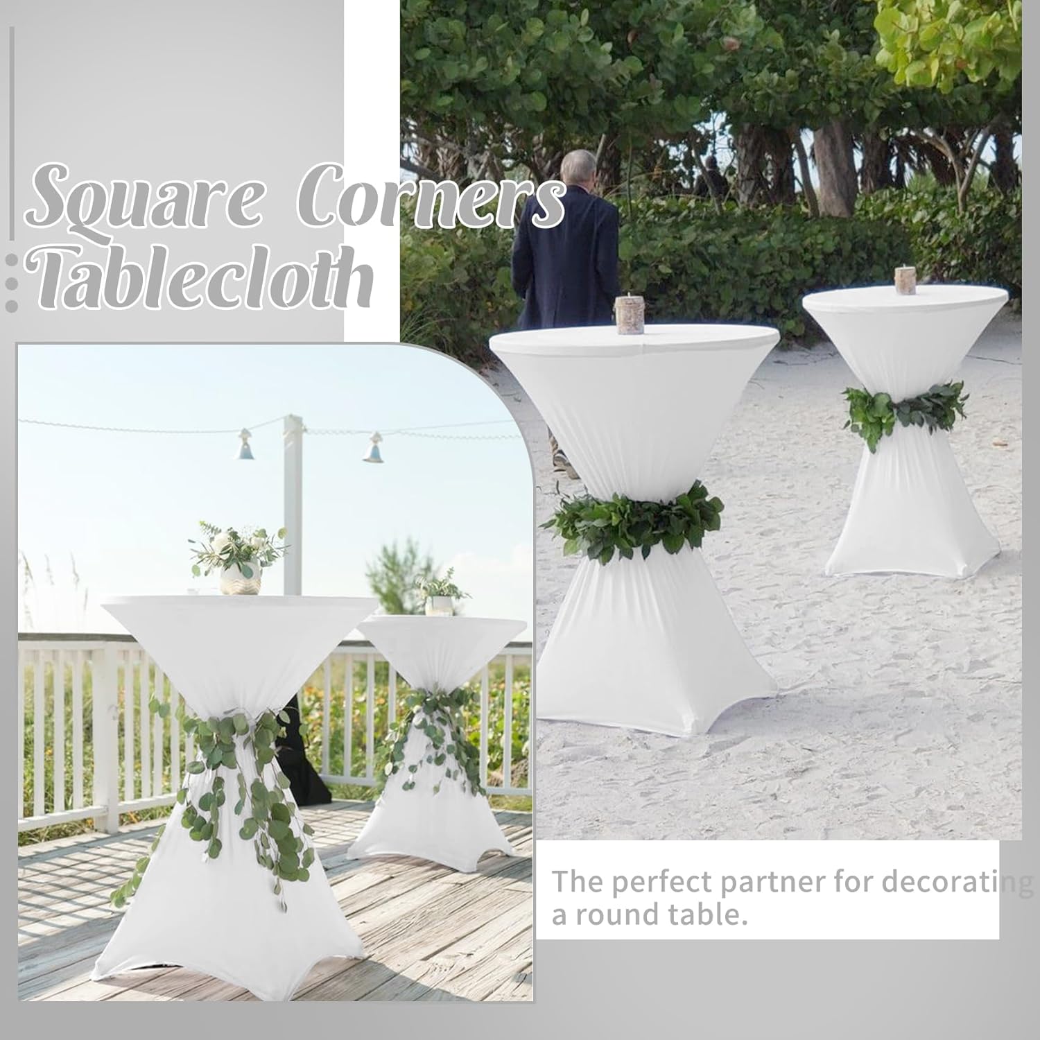 8 Pack Cocktail Table Covers 32x43 Inch Fitted Stretch Spandex Square Corners White Table Cover High Top Cocktail Round Tablecloth for Party, Wedding, Birthday, Banquet White