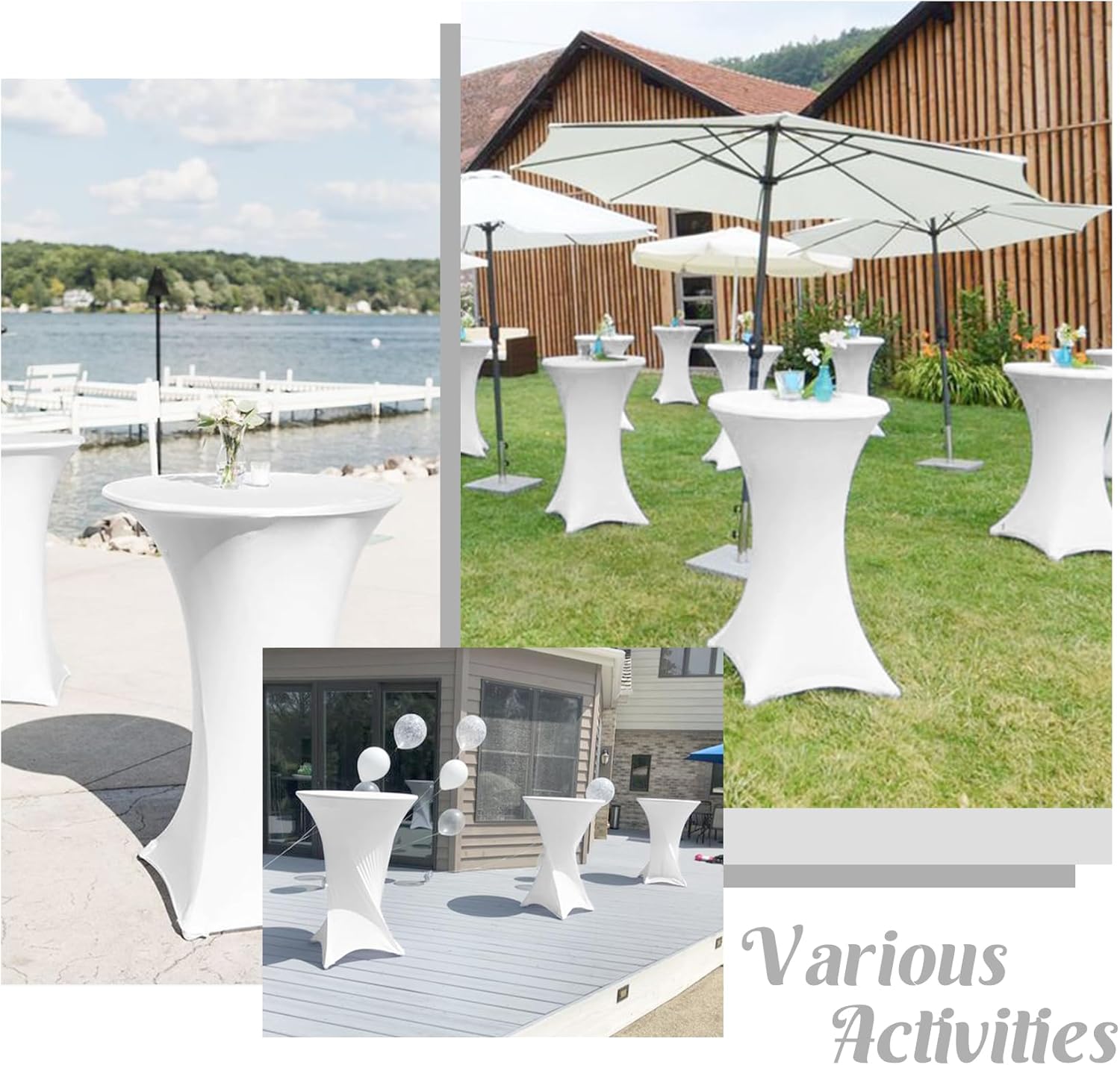 8 Pack Cocktail Table Covers 32x43 Inch Fitted Stretch Spandex Square Corners White Table Cover High Top Cocktail Round Tablecloth for Party, Wedding, Birthday, Banquet White