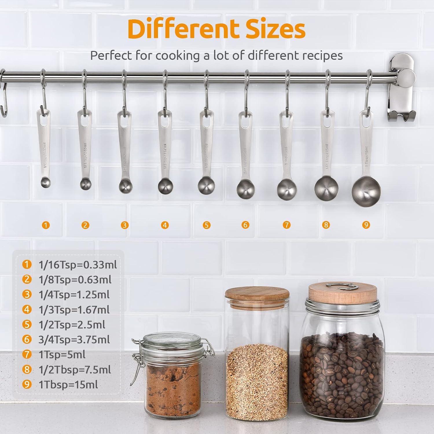 Measuring Spoons: 18/8 Stainless Steel Measuring Spoons Set of 9 Piece: 1/16 TSP, 1/8 TSP, 1/4 TSP, 1/3 TSP, 1/2 TSP, 3/4 TSP, 1 TSP, 1/2 tbsp & 1 tbsp Dry and Liquid Ingredients