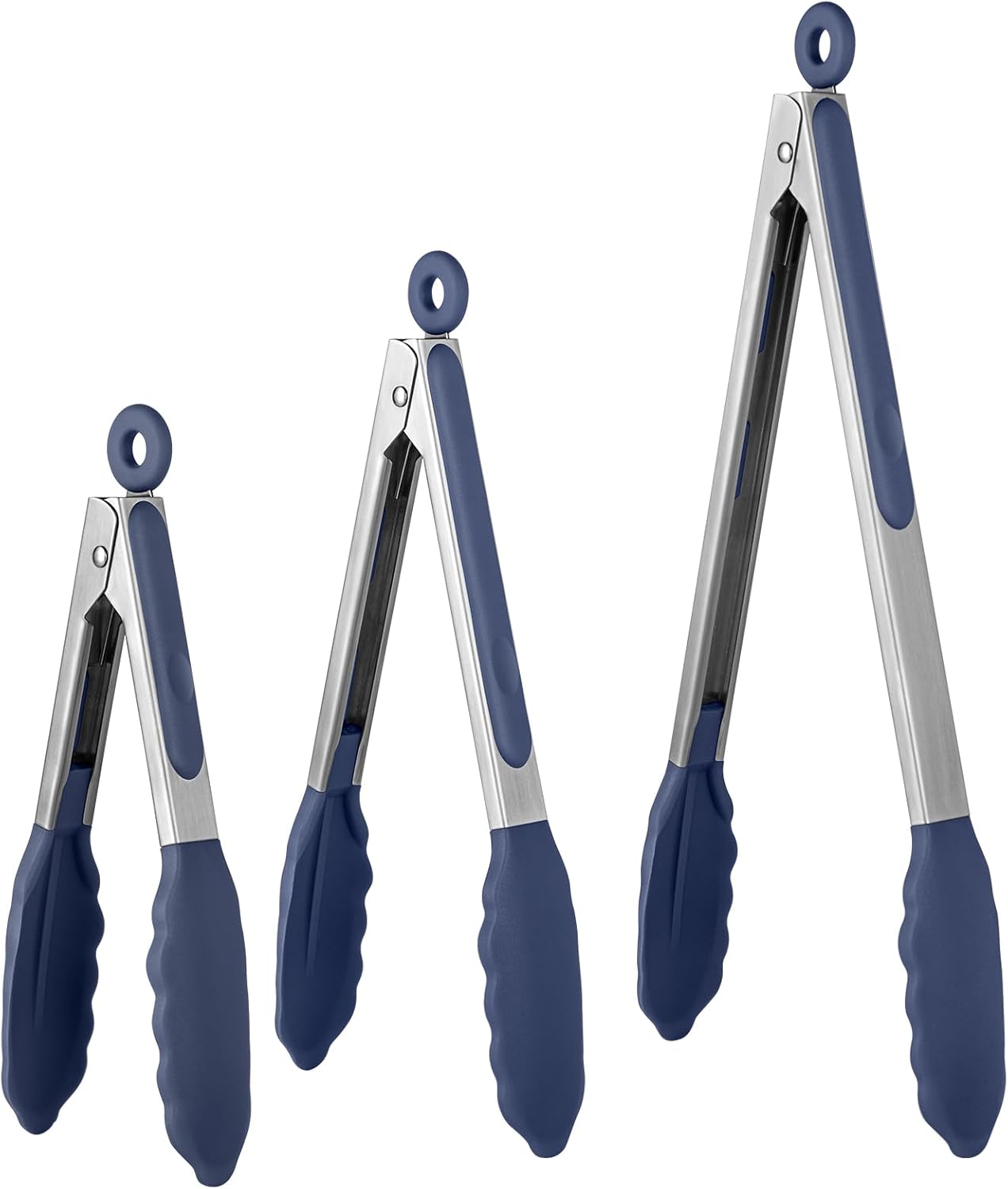 600ºF Heat Resistant Kitchen Tongs: 7/9/12 inch Silicone Cooking Tong Set with Non Stick Rubber Tips and Silicon Coated 18/8 Stainless Steel Handle for Serving Grilling Salad Midnight Blue